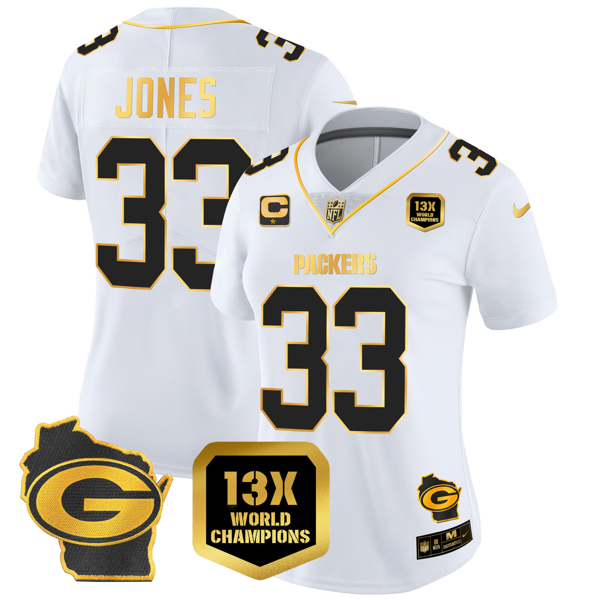 Aaron Jones Women's Green Bay Packers 13 Time World Champions & Home Patch Gold Vapor White Gold Jersey - All Stitched 
