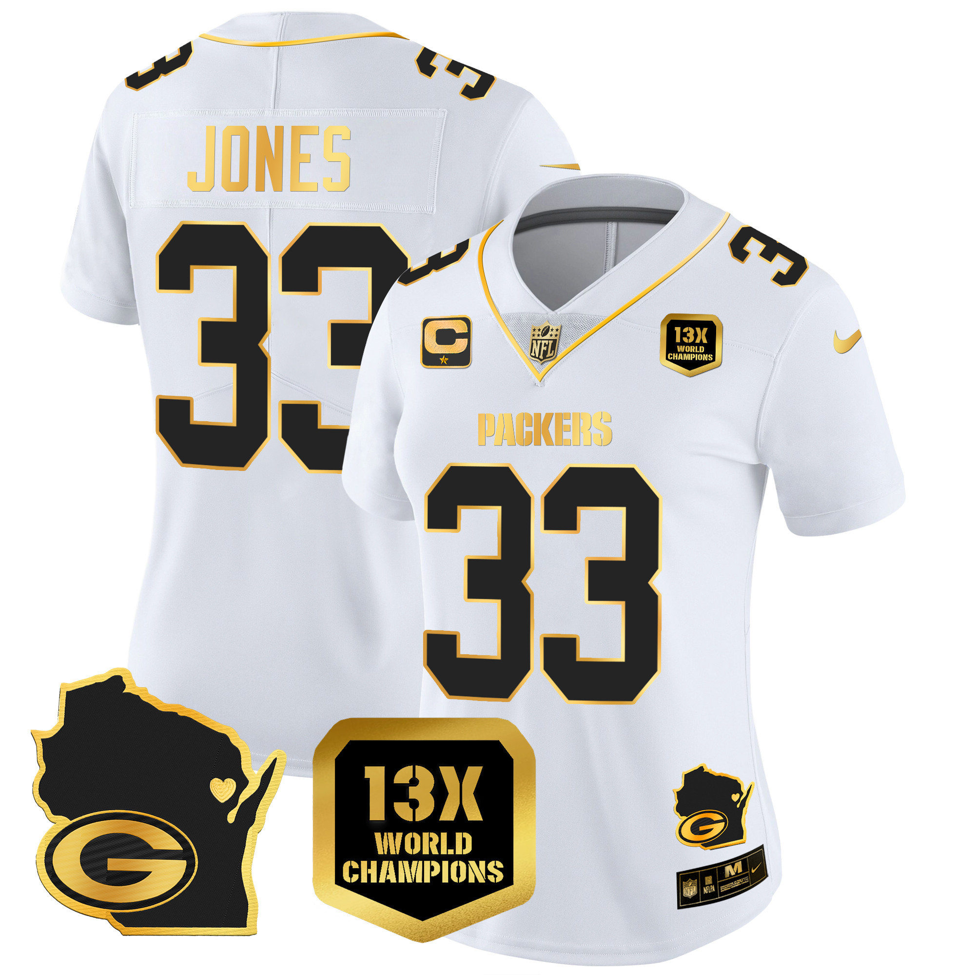 Aaron Jones Women's Green Bay Packers 13 Time World Champions & Home Patch Gold Vapor White Gold Jersey - All Stitched 