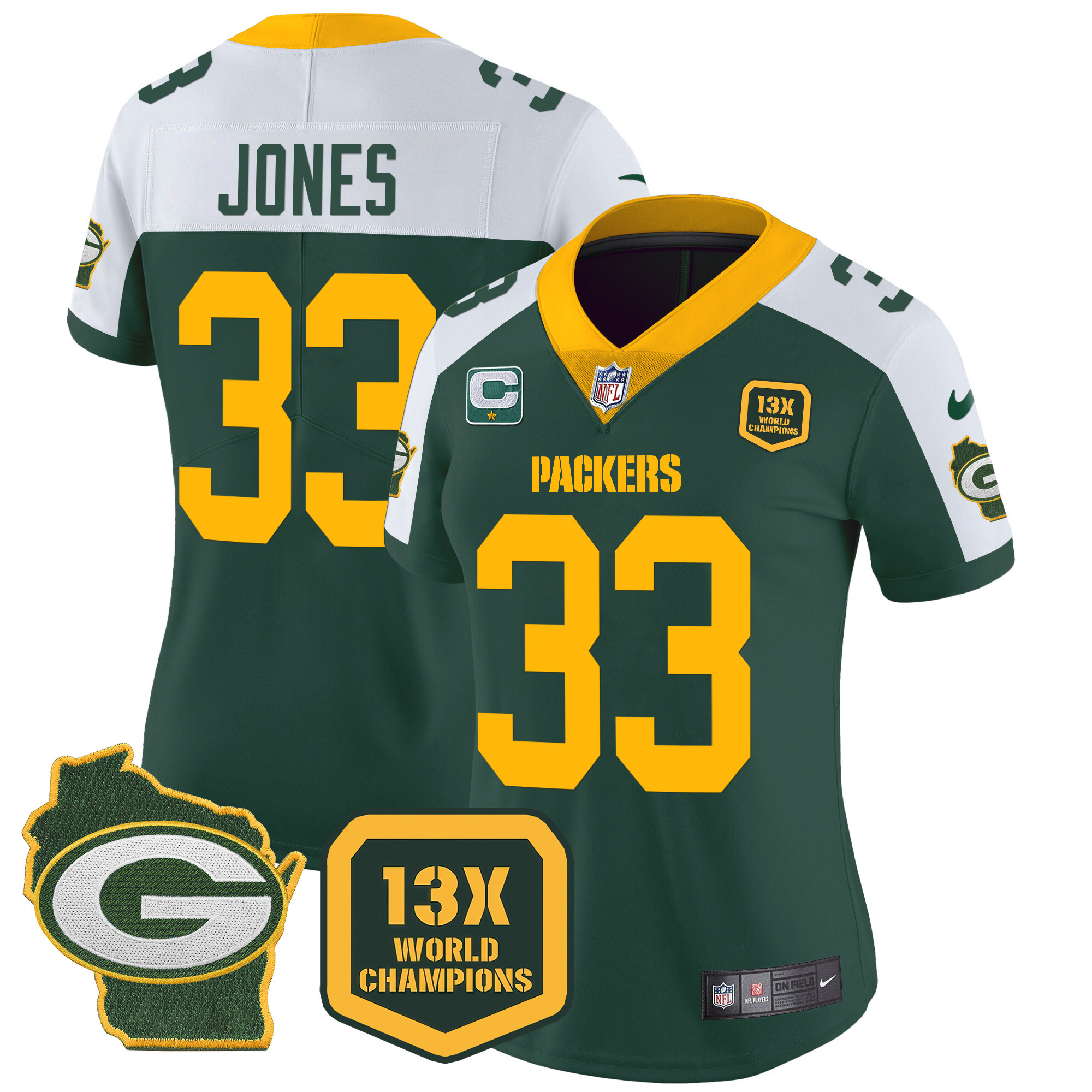 Aaron Jones Women's Green Bay Packers 13 Time World Champions & Home Patch Vapor Alternate Jersey - All Stitched 