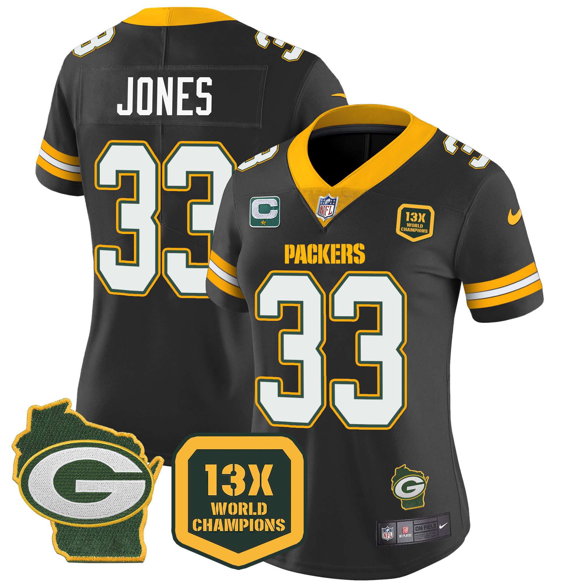 Aaron Jones Women's Green Bay Packers 13 Time World Champions & Home Patch Vapor Black Jersey - All Stitched 