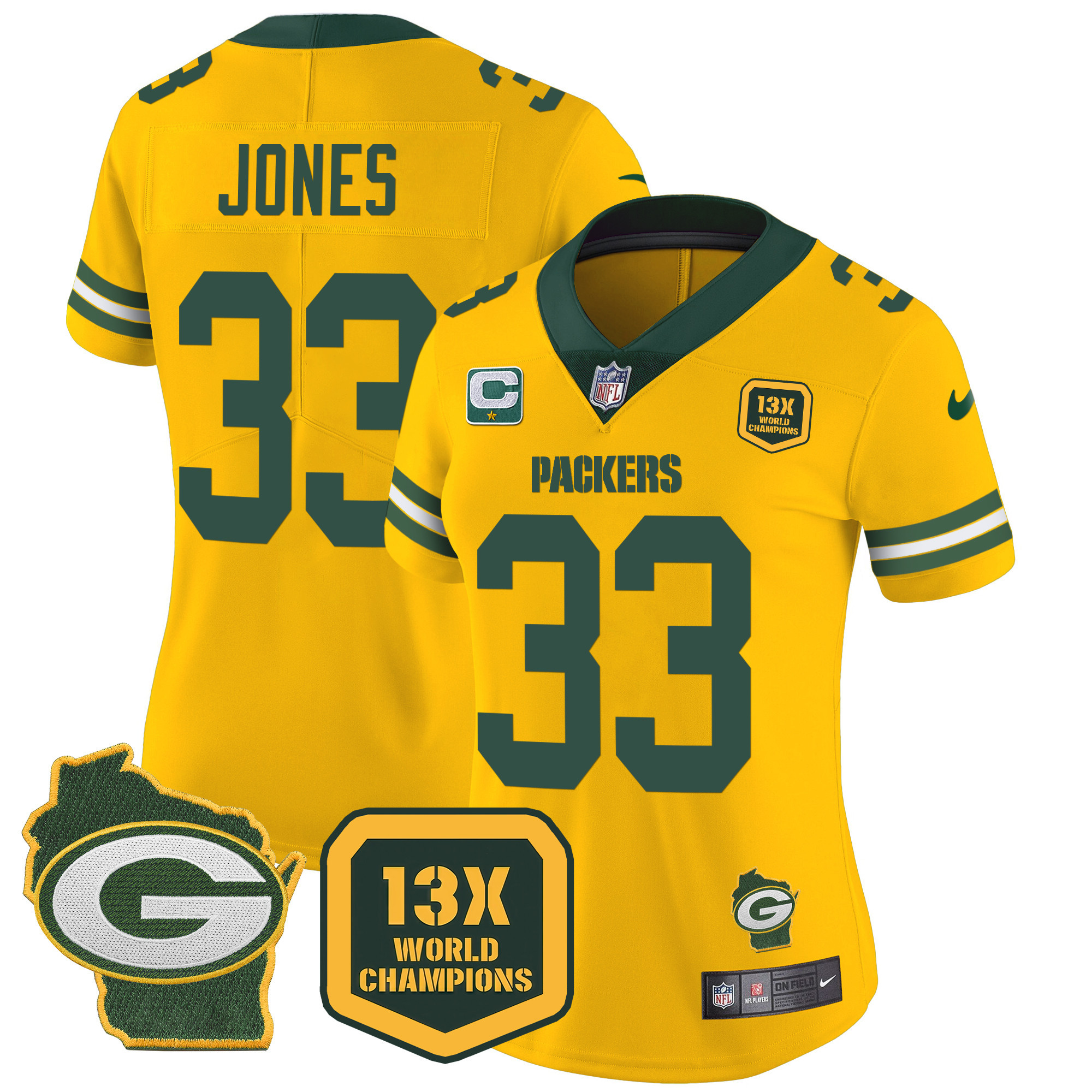 Aaron Jones Women's Green Bay Packers 13 Time World Champions & Home Patch Vapor Gold Jersey - All Stitched 
