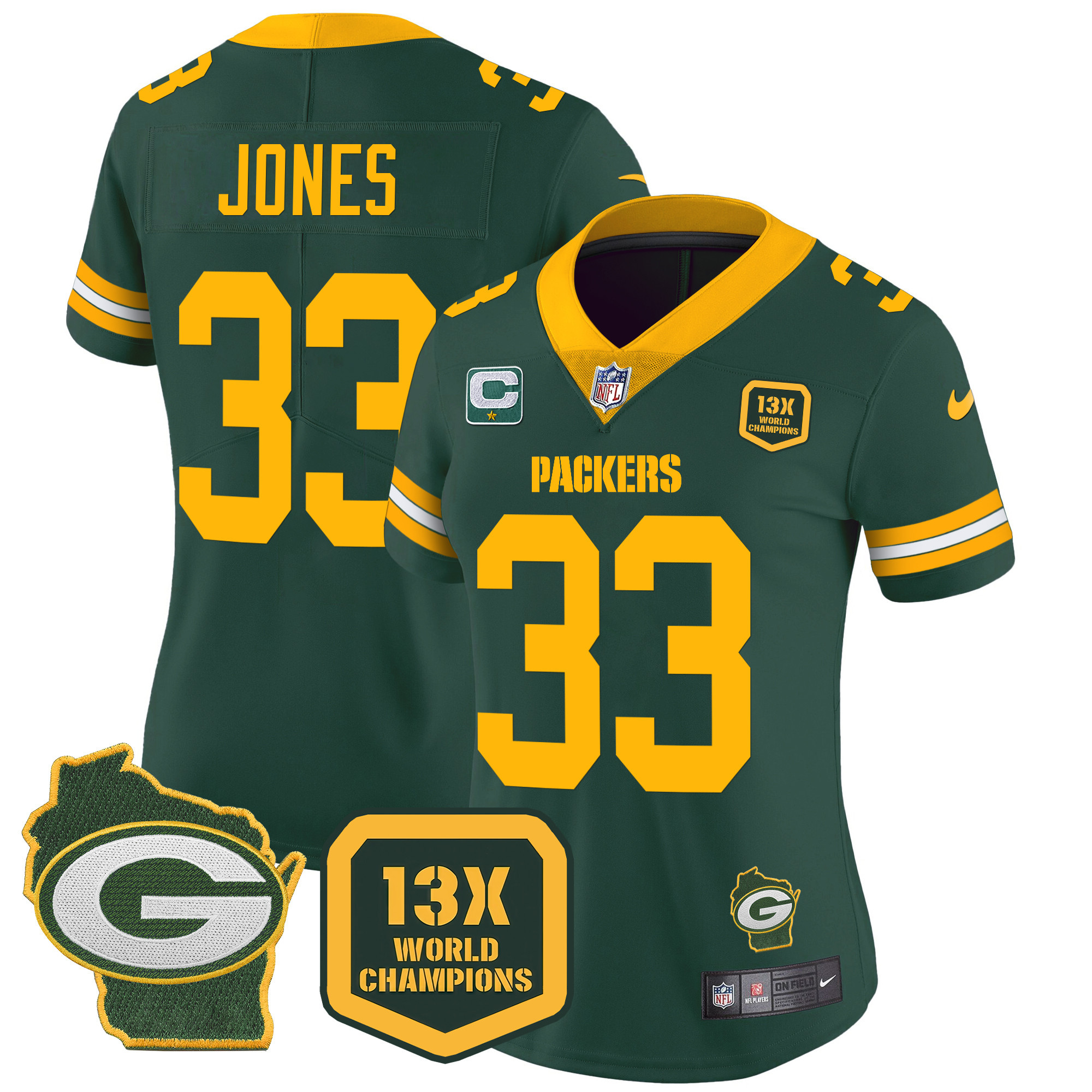 Aaron Jones Women's Green Bay Packers 13 Time World Champions & Home Patch Vapor Green Jersey - All Stitched 