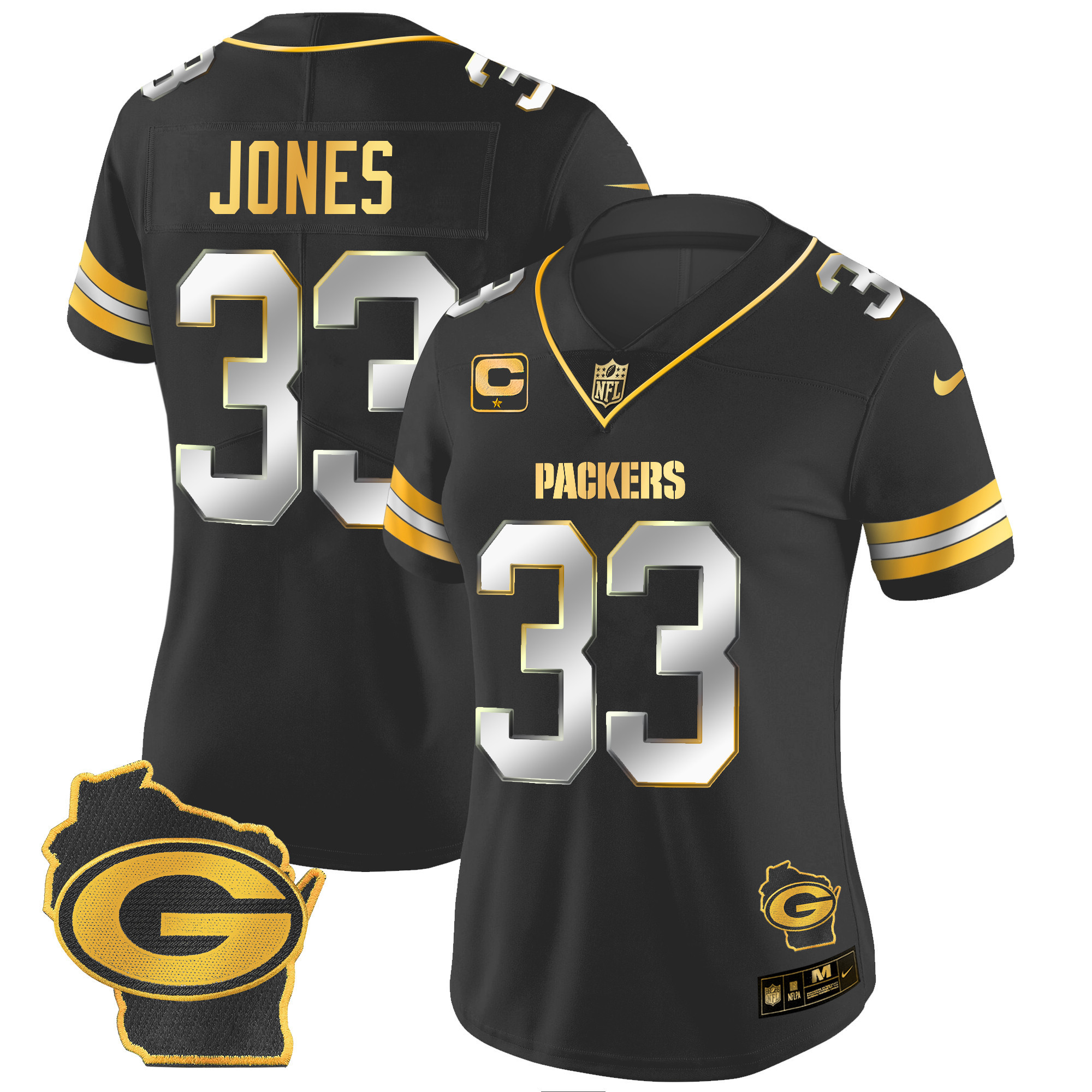 Aaron Jones Women's Green Bay Packers Home Patch Gold Vapor Black Limited Jersey - All Stitched 