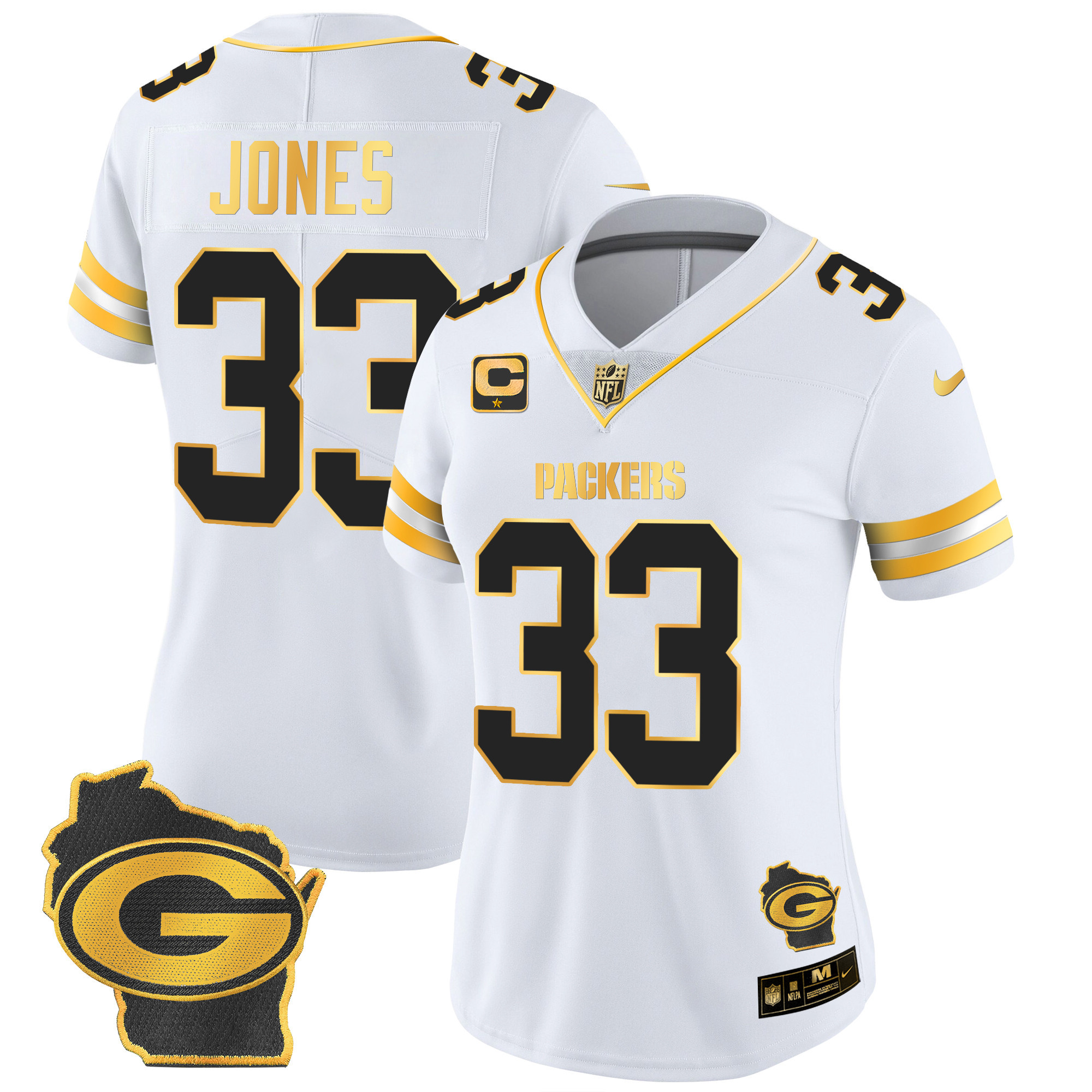 Aaron Jones Women's Green Bay Packers Home Patch Gold Vapor White Gold Jersey - All Stitched 