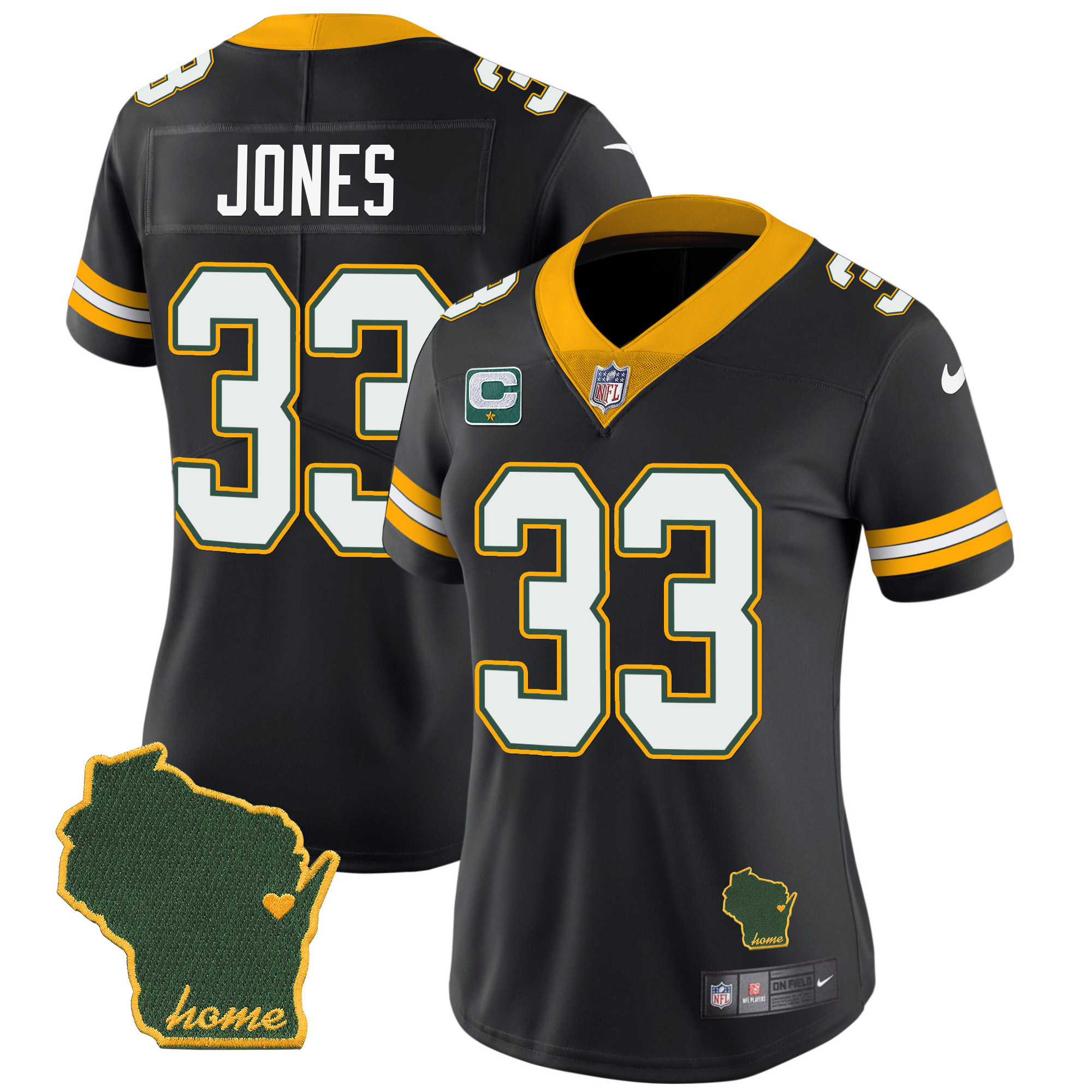 Aaron Jones Women's Green Bay Packers Home Patch Vapor Black Jersey - All Stitched 