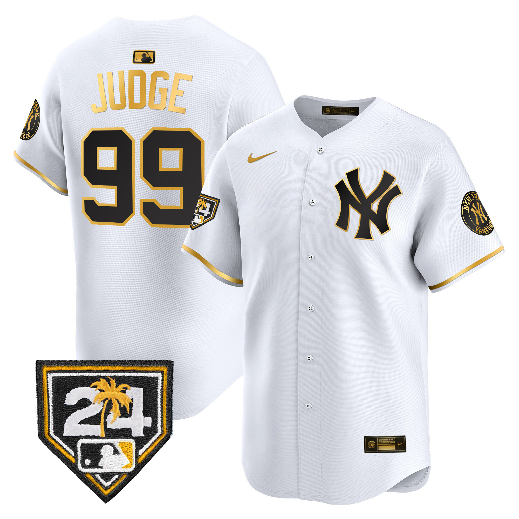 Aaron Judge Men's New York Yankees 2024 Spring Training Patch Vapor Premier Limited V2 White Gold Jersey - All Stitched