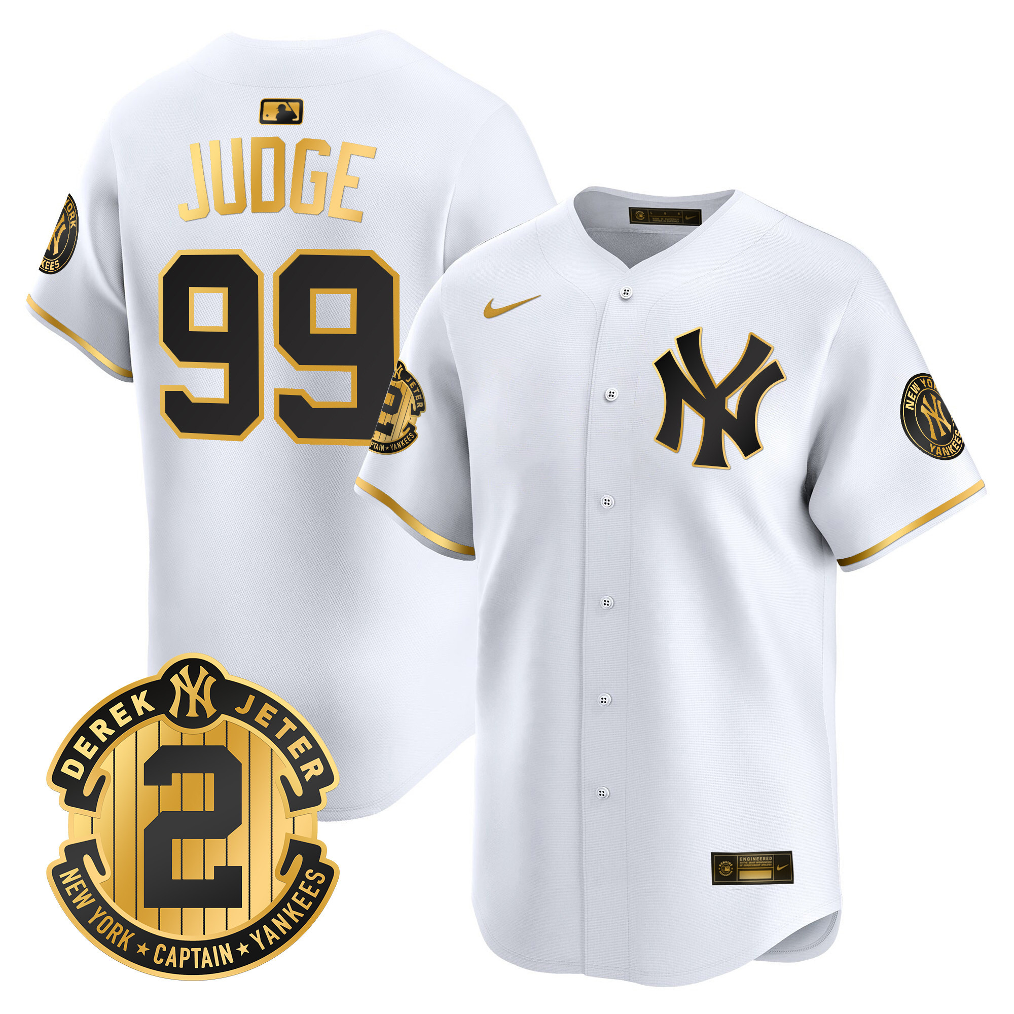 Aaron Judge Men's New York Yankees Derek Jeter Patch Vapor Premier Limited White Gold Jersey - All Stitched