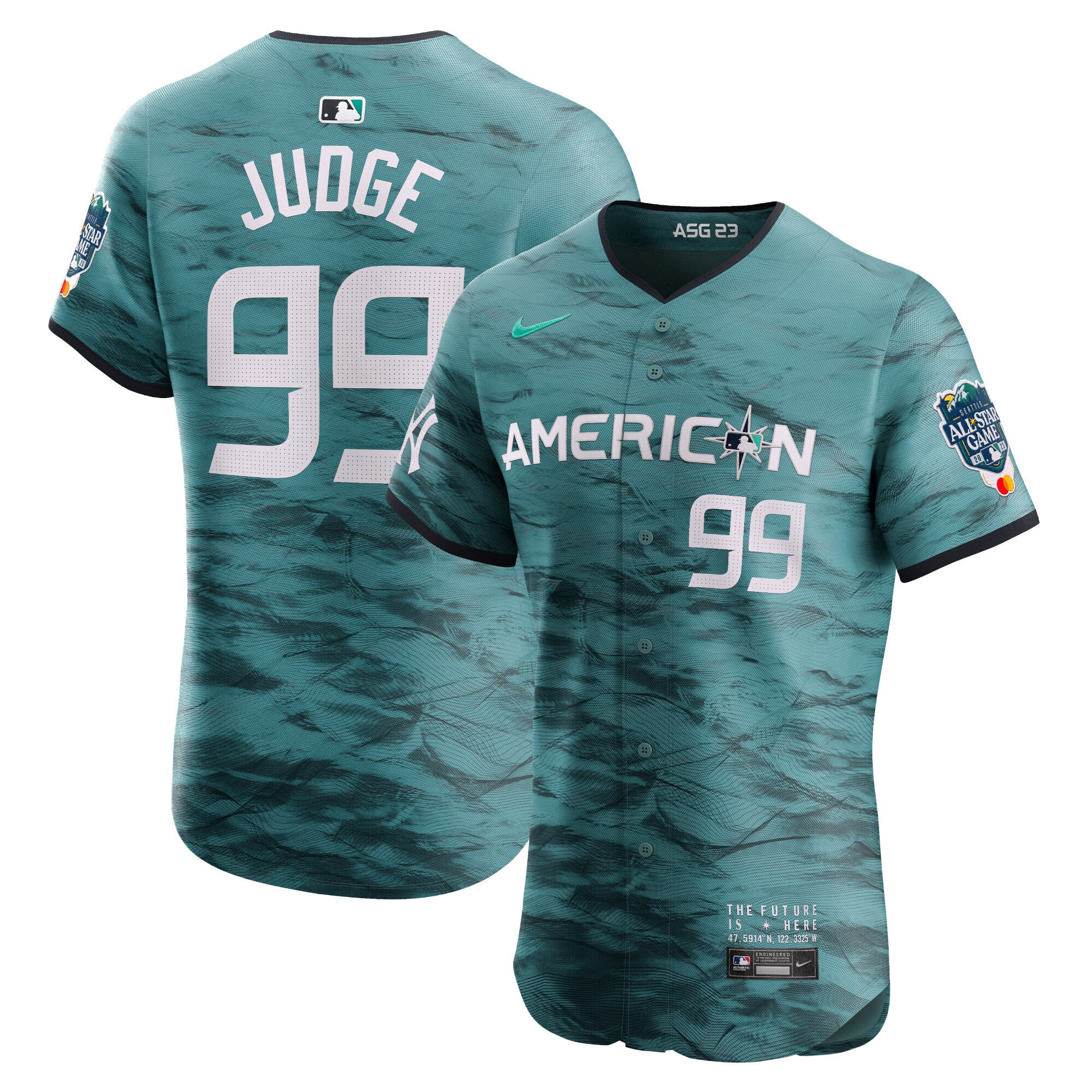 Aaron Judge Men's Seattle Mariners American League 2023 All-Star Game Teal Flex Base Jersey - All Stitched