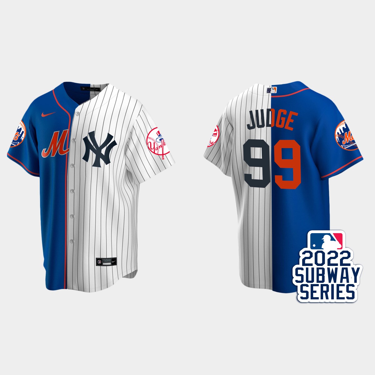 Aaron Judge New York Yankees 2022 Subway Series Split Jersey – Royal White
