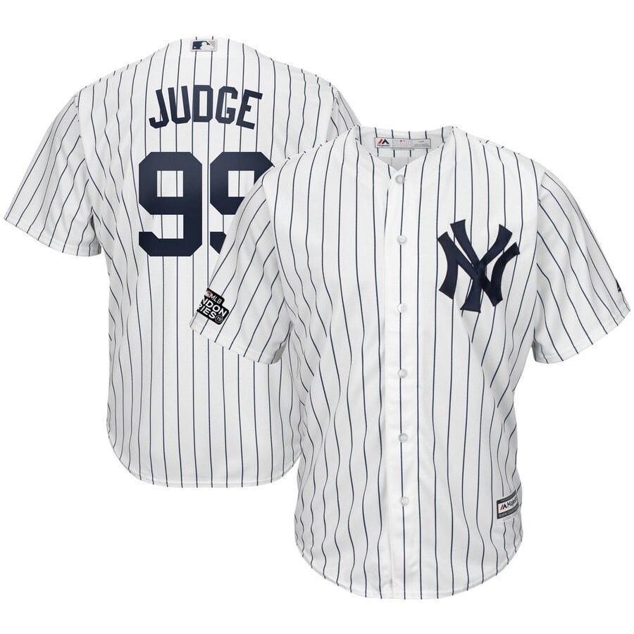 Aaron Judge New York Yankees Majestic 2019 London Series Cool Base Player Stitched Jersey – White Navy