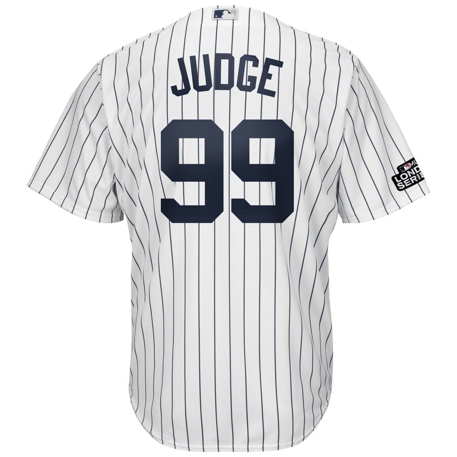 Aaron Judge New York Yankees Majestic 2019 London Series Cool Base Player Stitched Jersey – White Navy