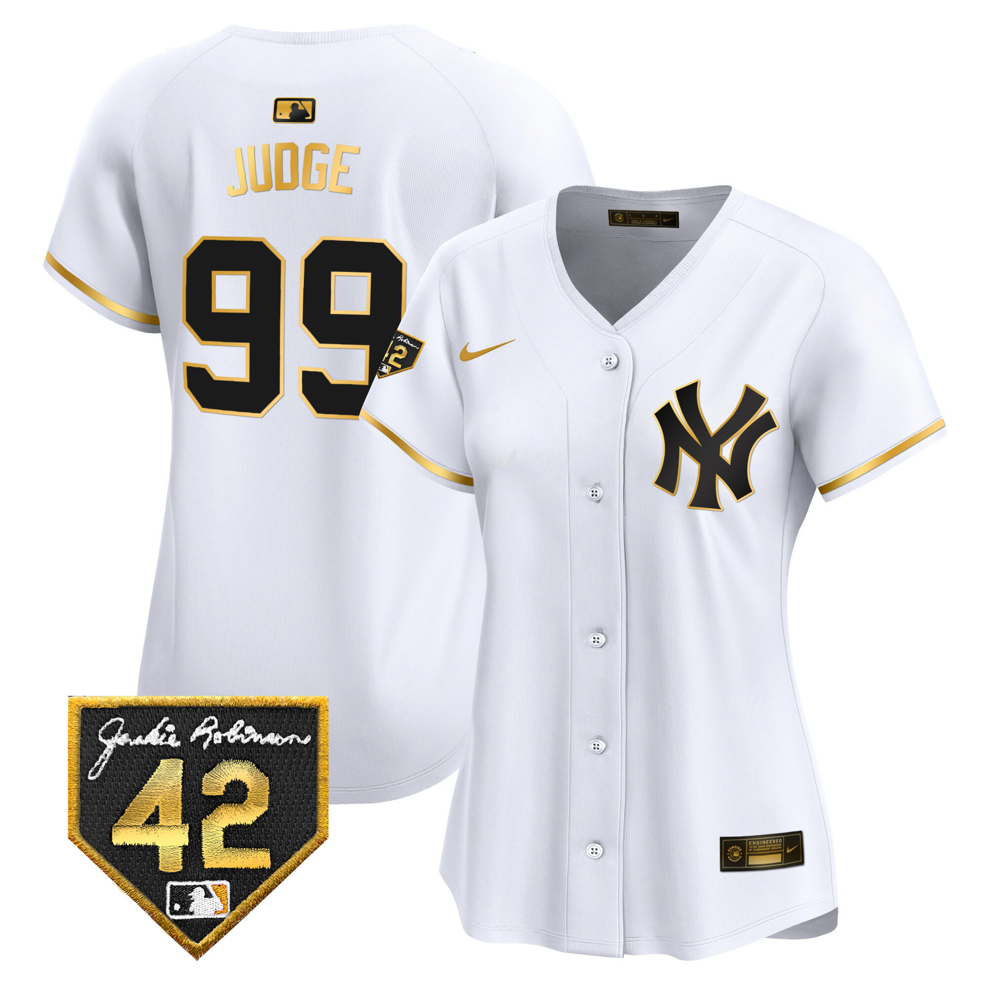 Aaron Judge Women's New York Yankees 2024 Jackie Robinson Patch Vapor Premier Limited White Gold Jersey - All Stitched