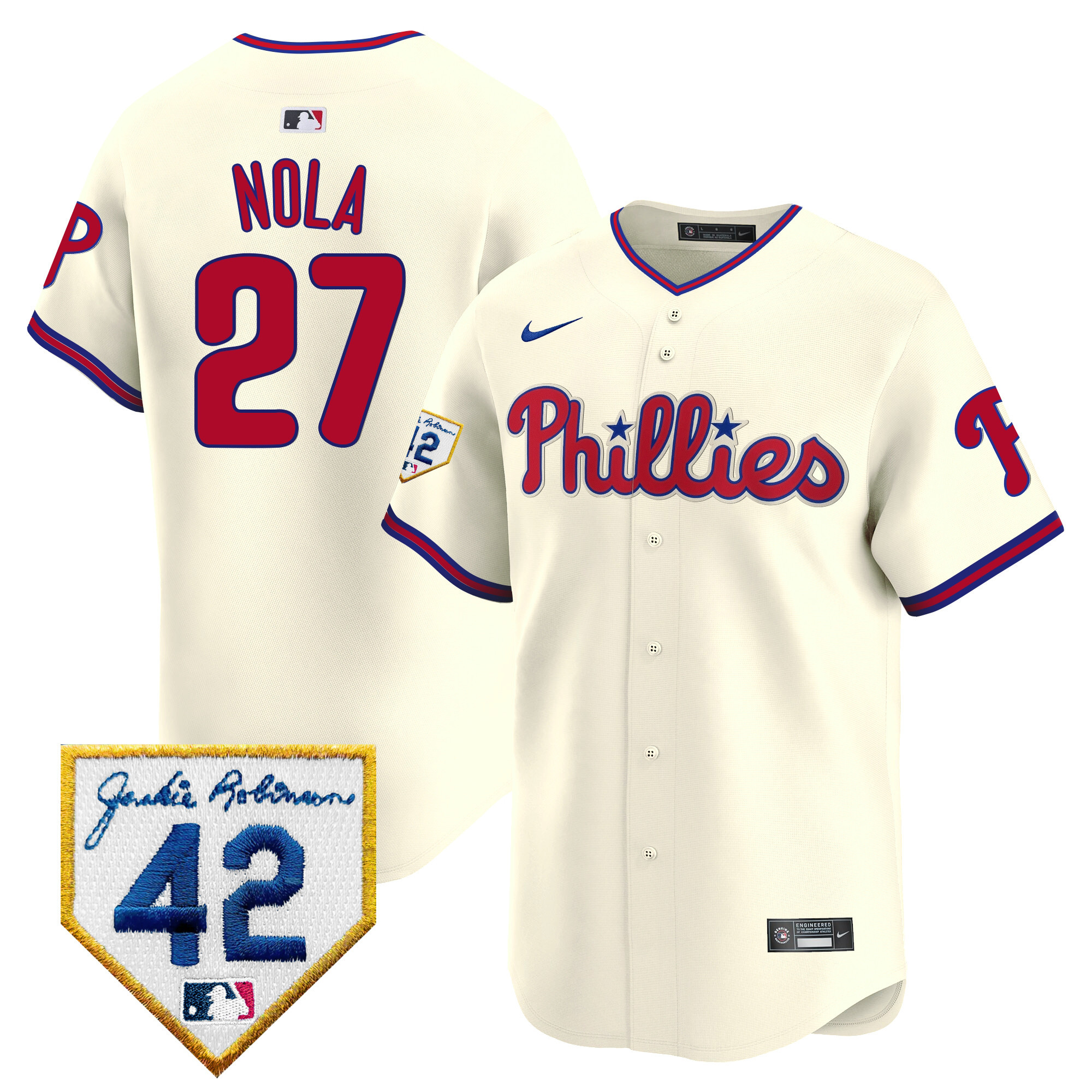 Aaron Nola Men's Philadelphia Phillies 2024 Jackie Robinson Patch Vapor Premier Limited Cream Jersey - All Stitched