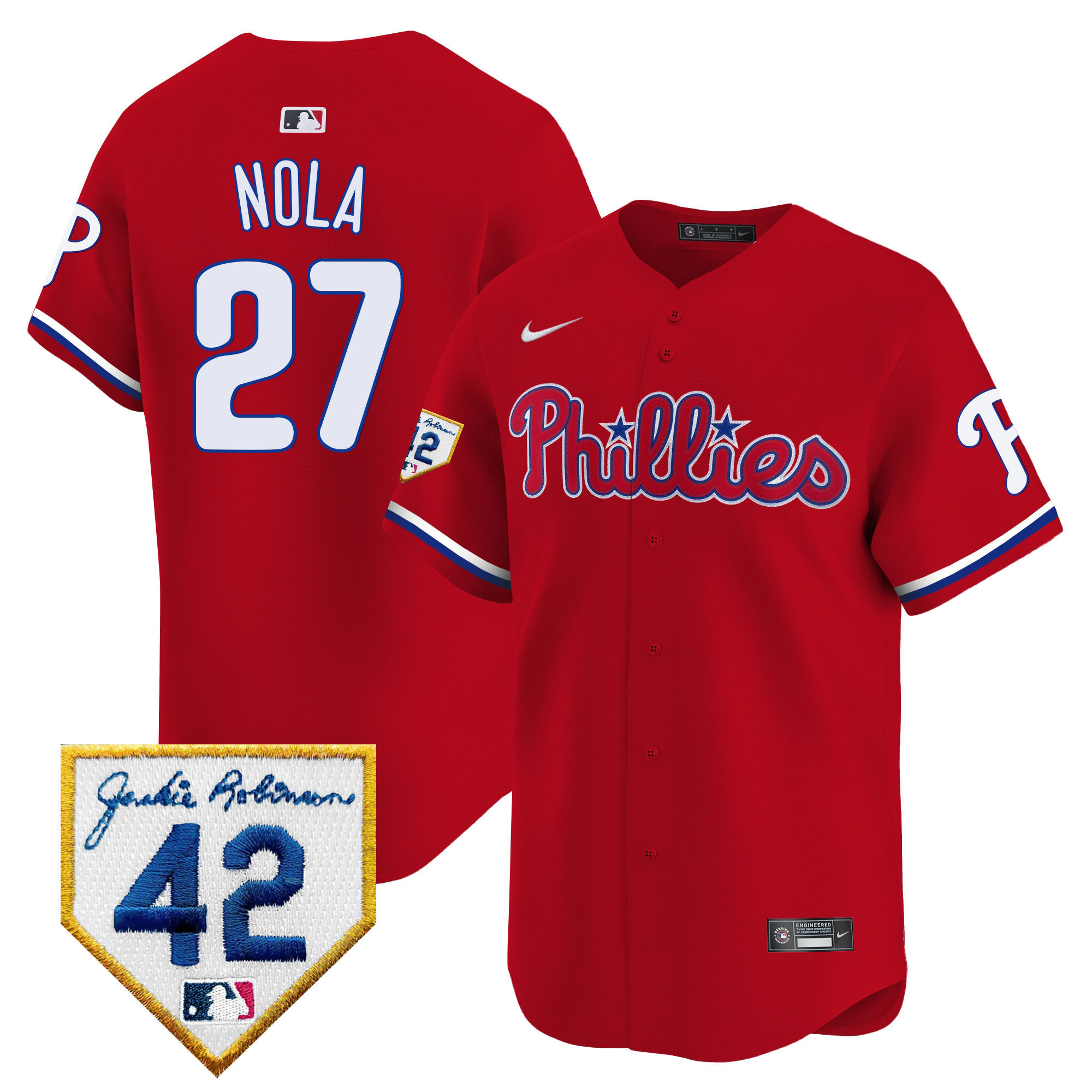 Aaron Nola Men's Philadelphia Phillies 2024 Jackie Robinson Patch Vapor Premier Limited Red Jersey - All Stitched