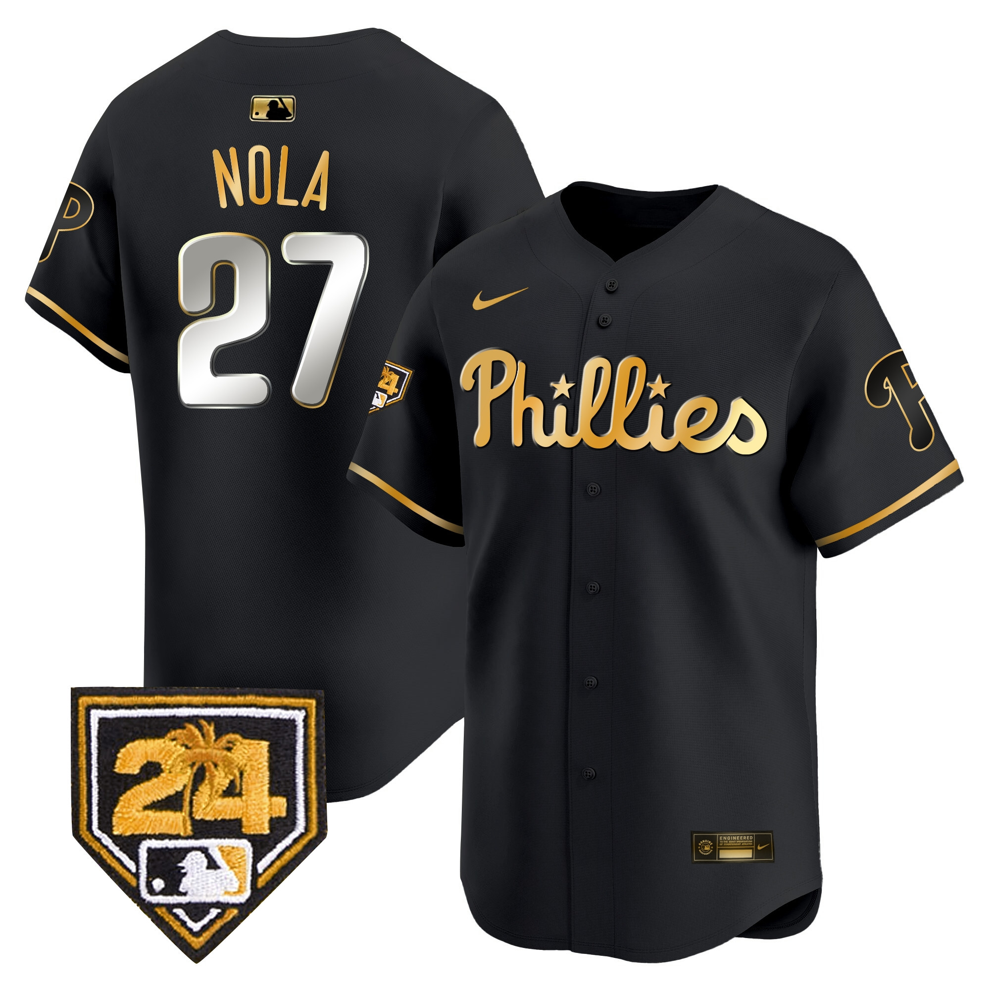 Aaron Nola Men's Philadelphia Phillies 2024 Spring Training Patch Vapor Premier Limited Black Gold Jersey - All Stitched