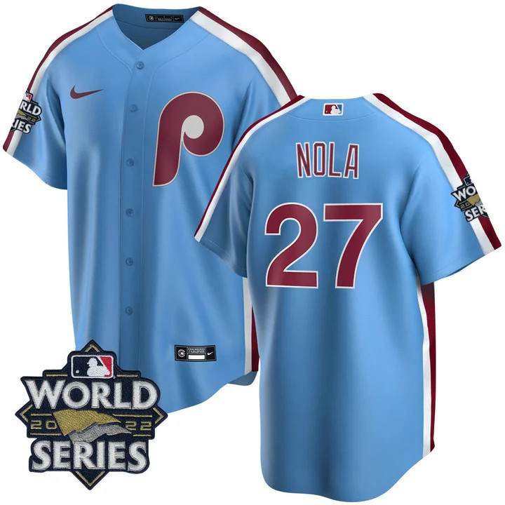 Aaron Nola Men's Philadelphia Phillies Cooperstown 2022 World Series Patch Cool Base Jersey - All Stitched
