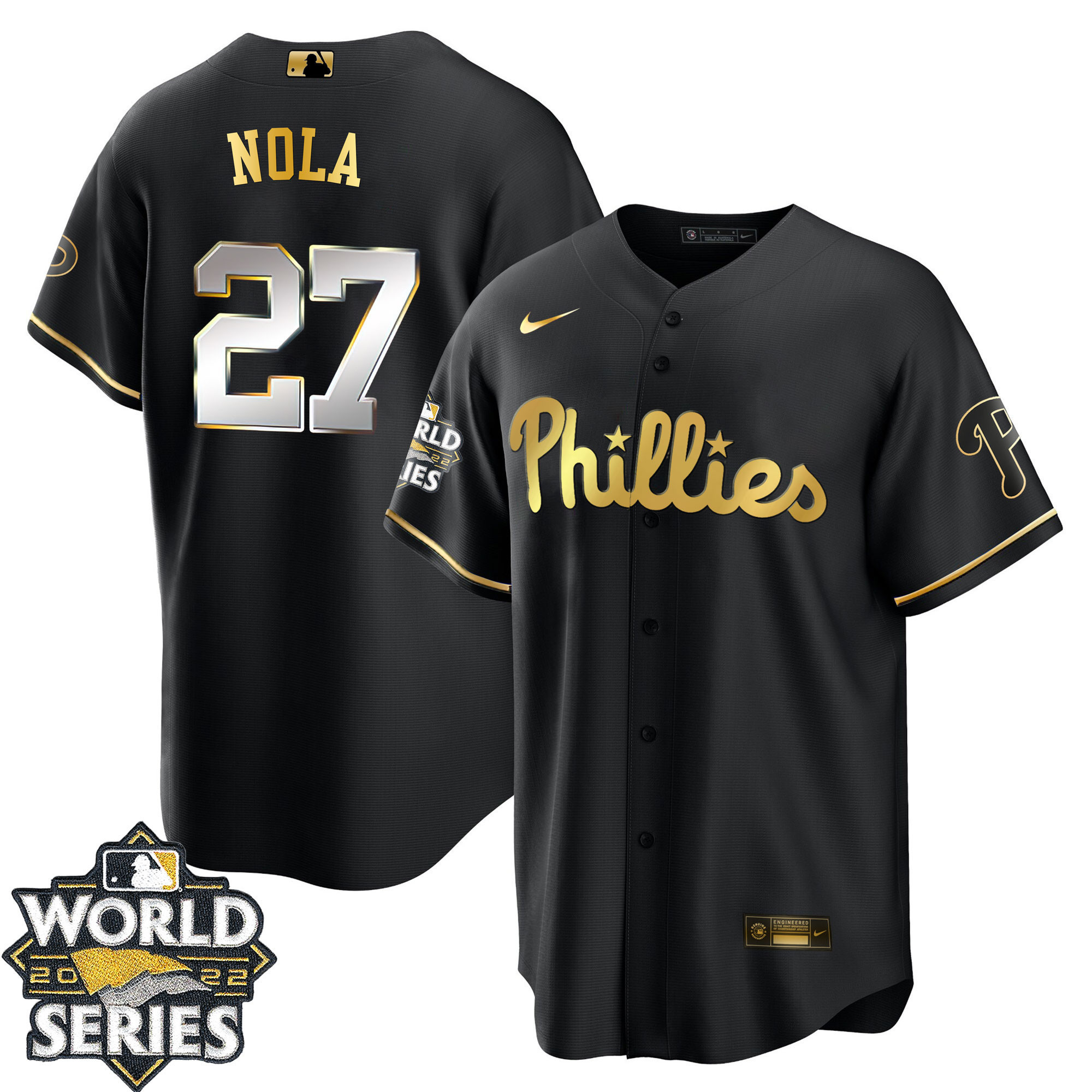 Aaron Nola Men's Philadelphia Phillies Gold 2022 World Series Limited Cool Black Jersey - All Stitched