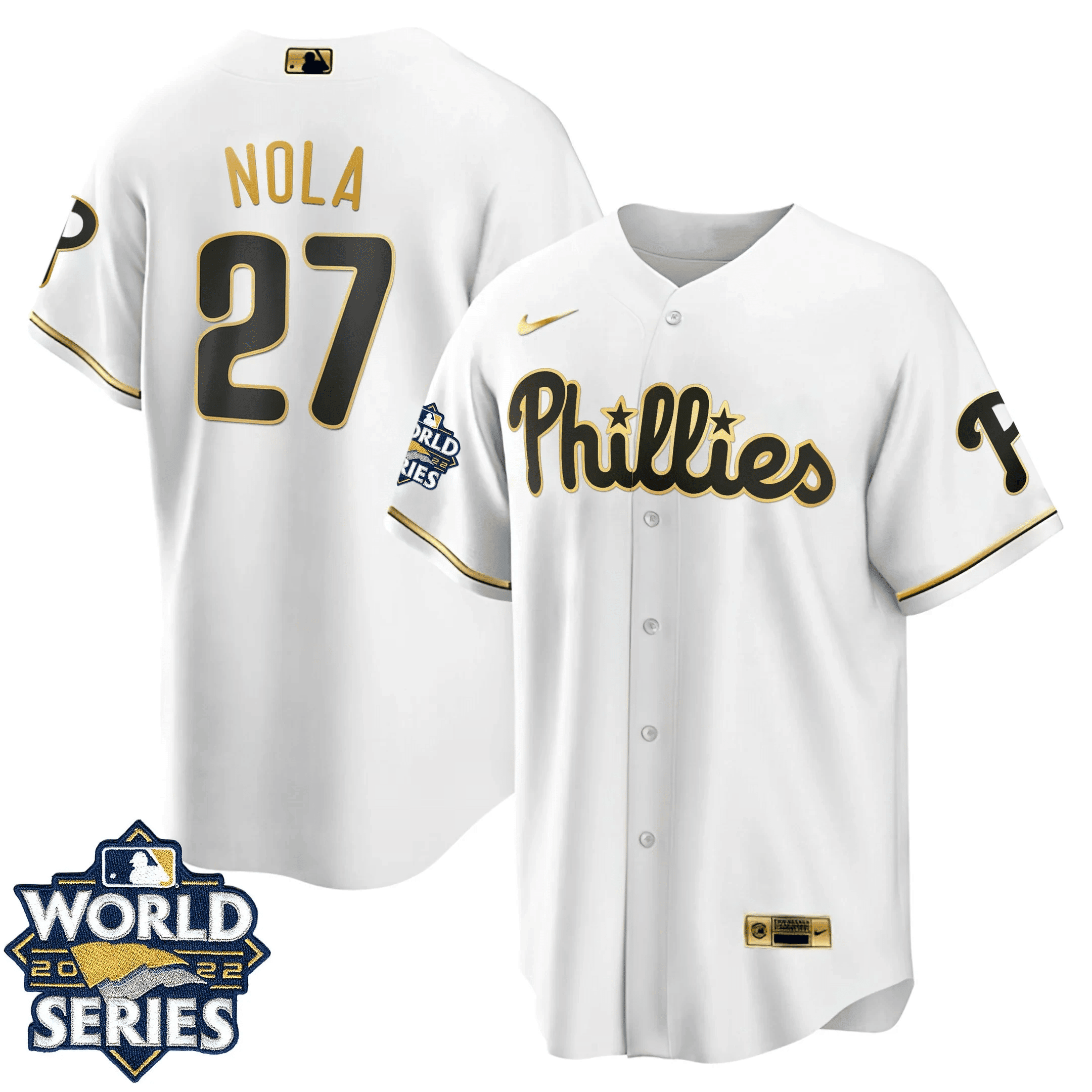 Aaron Nola Men's Philadelphia Phillies Gold 2022 World Series Limited Cool White Jersey - All Stitched