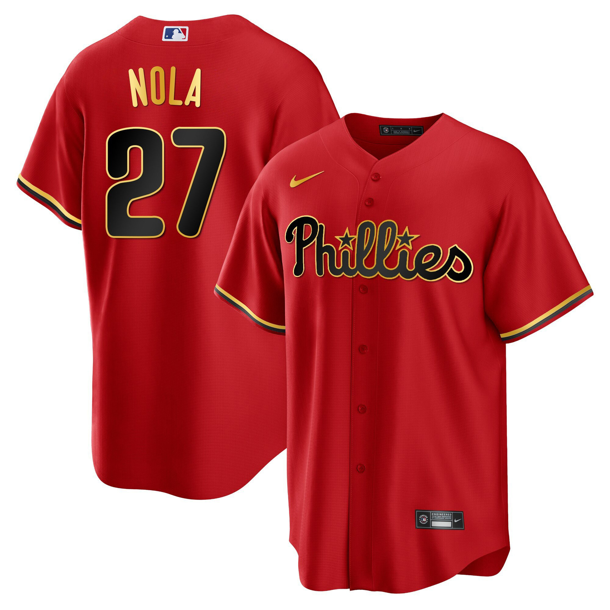 Aaron Nola Men's Philadelphia Phillies Gold Trim Cool Red Jersey - All Stitched