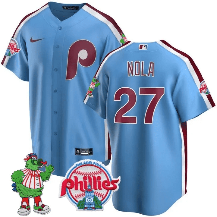 Aaron Nola Men's Philadelphia Phillies Phillie Phanatic Patch Cool Base Blue Jersey - All Stitched
