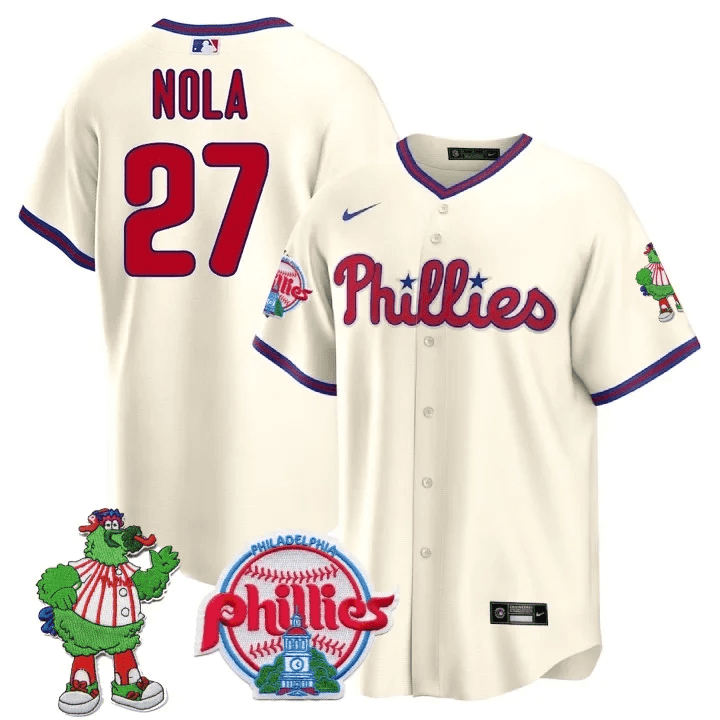 Aaron Nola Men's Philadelphia Phillies Phillie Phanatic Patch Cool Base Cream Jersey - All Stitched