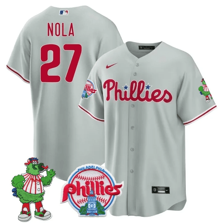 Aaron Nola Men's Philadelphia Phillies Phillie Phanatic Patch Cool Base Gray Jersey - All Stitched