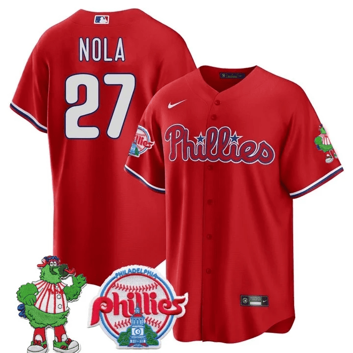Aaron Nola Men's Philadelphia Phillies Phillie Phanatic Patch Cool Base Red Jersey - All Stitched