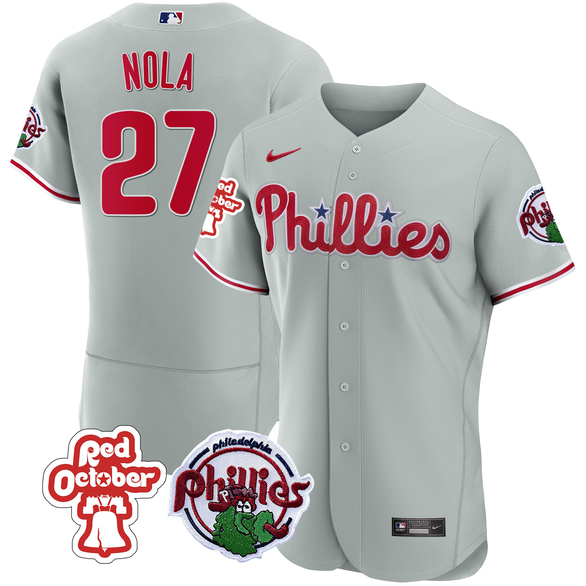 Aaron Nola Men's Philadelphia Phillies Red October Patch Flex Base Gray Jersey - All Stitched