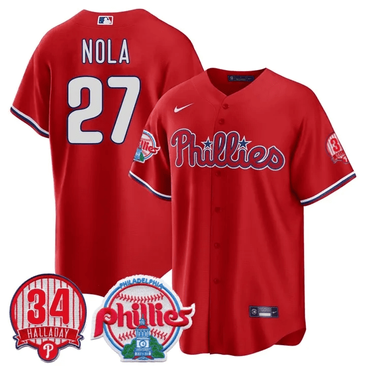 Aaron Nola Men's Philadelphia Phillies Roy Halladay Patch #34 Cool Base Red Jersey - All Stitched