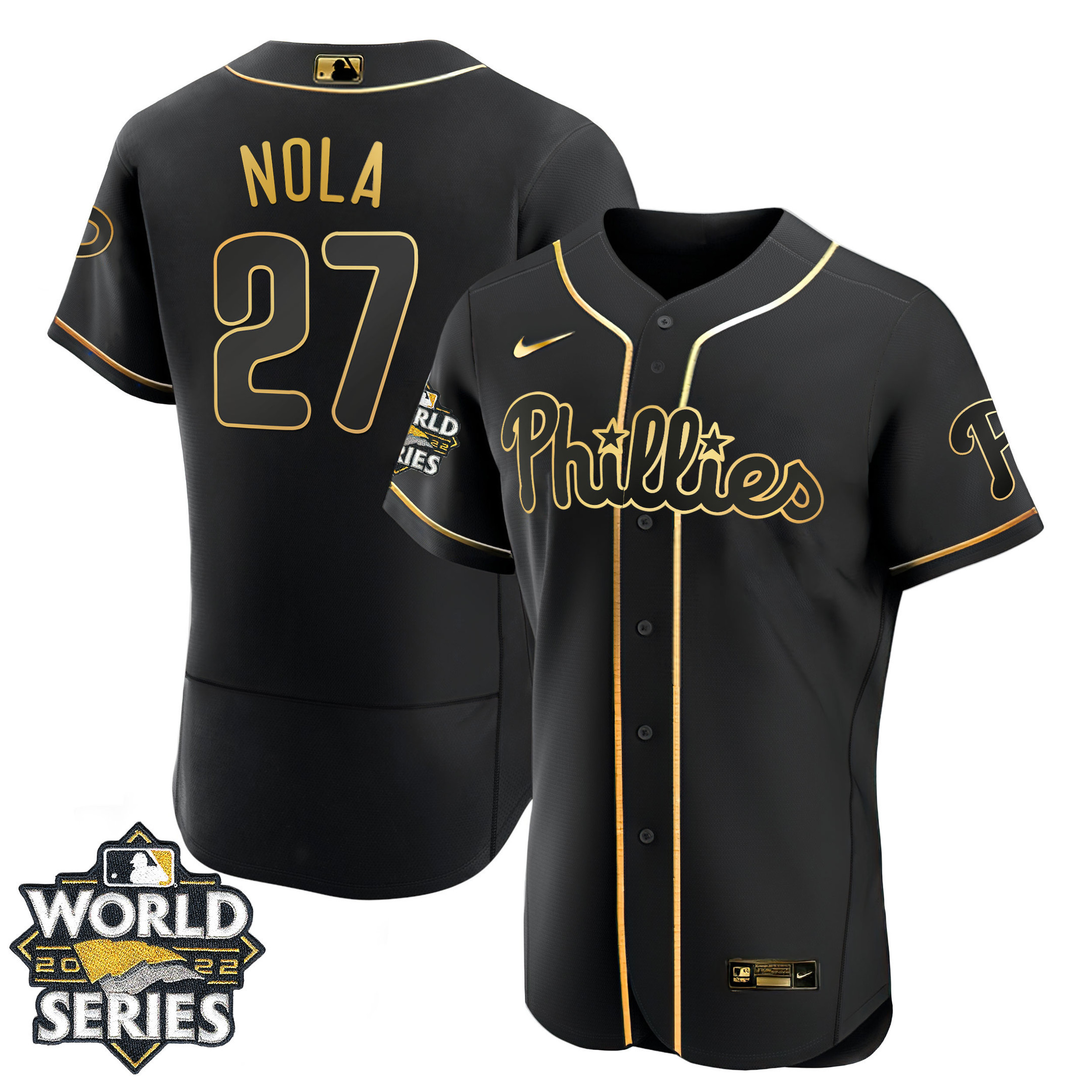 Aaron Nola Women's Philadelphia Phillies Gold 2022 World Series Flex Black Jersey - All Stitched