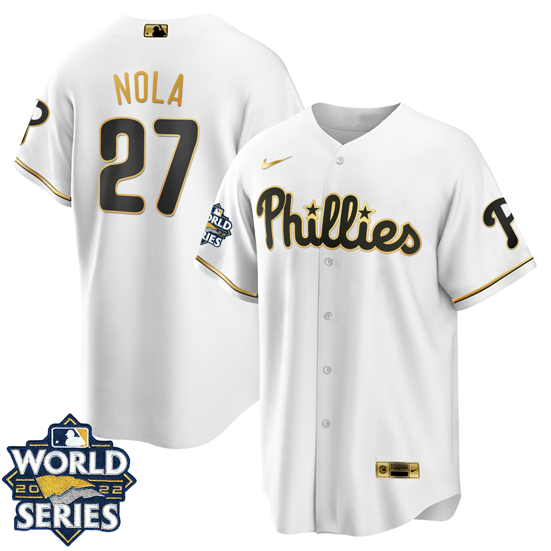 Aaron Nola Youth's Philadelphia Phillies Gold 2022 World Series Cool White Jersey - All Stitched