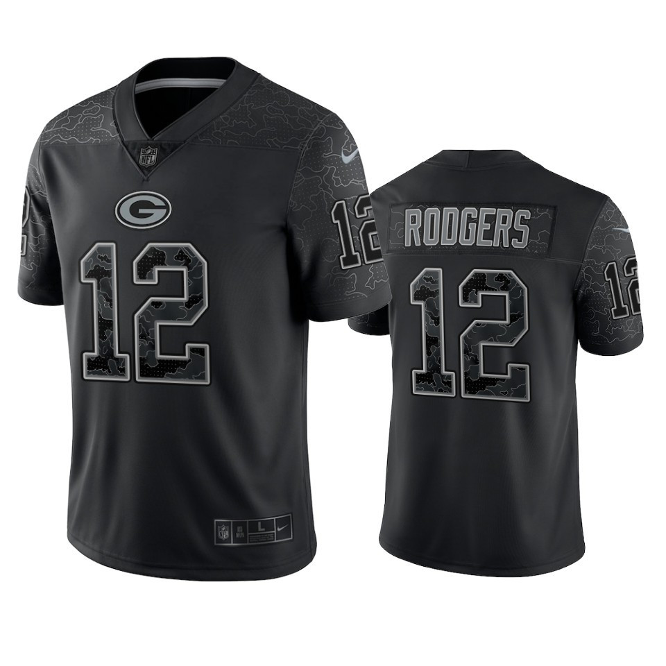 Aaron Rodgers 12 Green Bay Packers Black Reflective Limited Stitched Jersey – Men