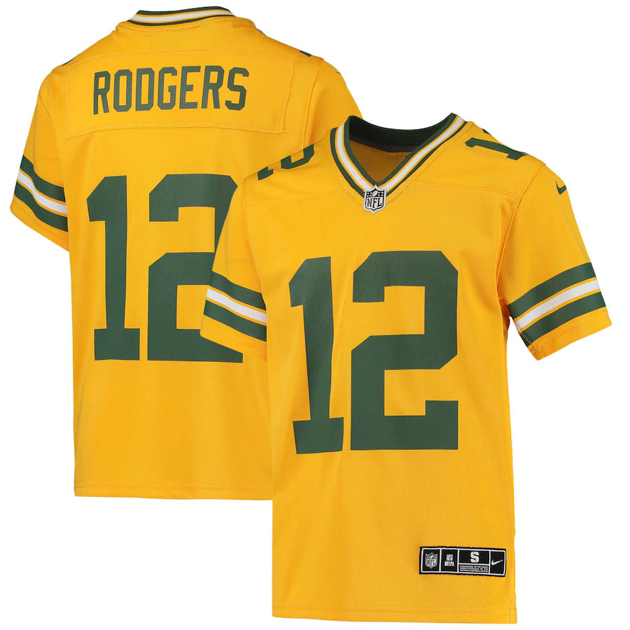 Aaron Rodgers 12 Green Bay Packers Youth Inverted Team Game Stitched Jersey – Gold