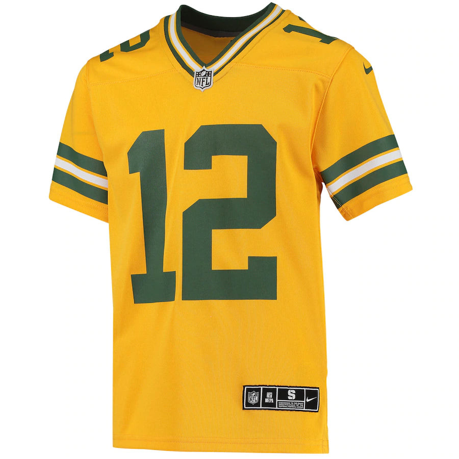 Aaron Rodgers 12 Green Bay Packers Youth Inverted Team Game Stitched Jersey – Gold