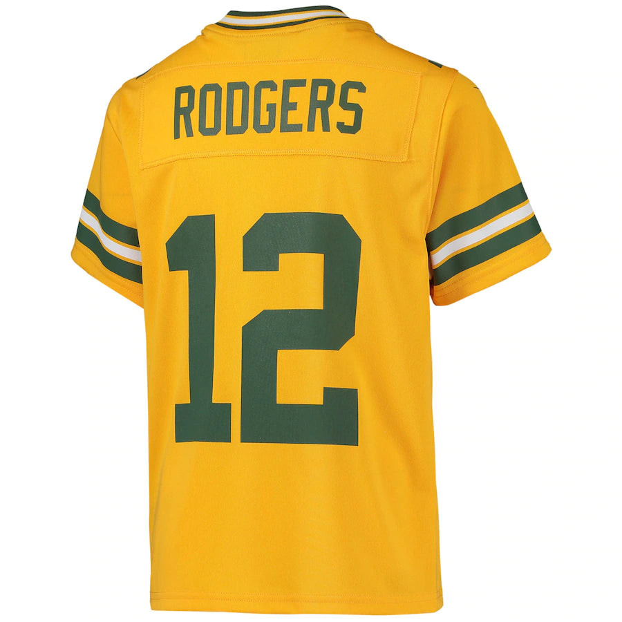 Aaron Rodgers 12 Green Bay Packers Youth Inverted Team Game Stitched Jersey – Gold