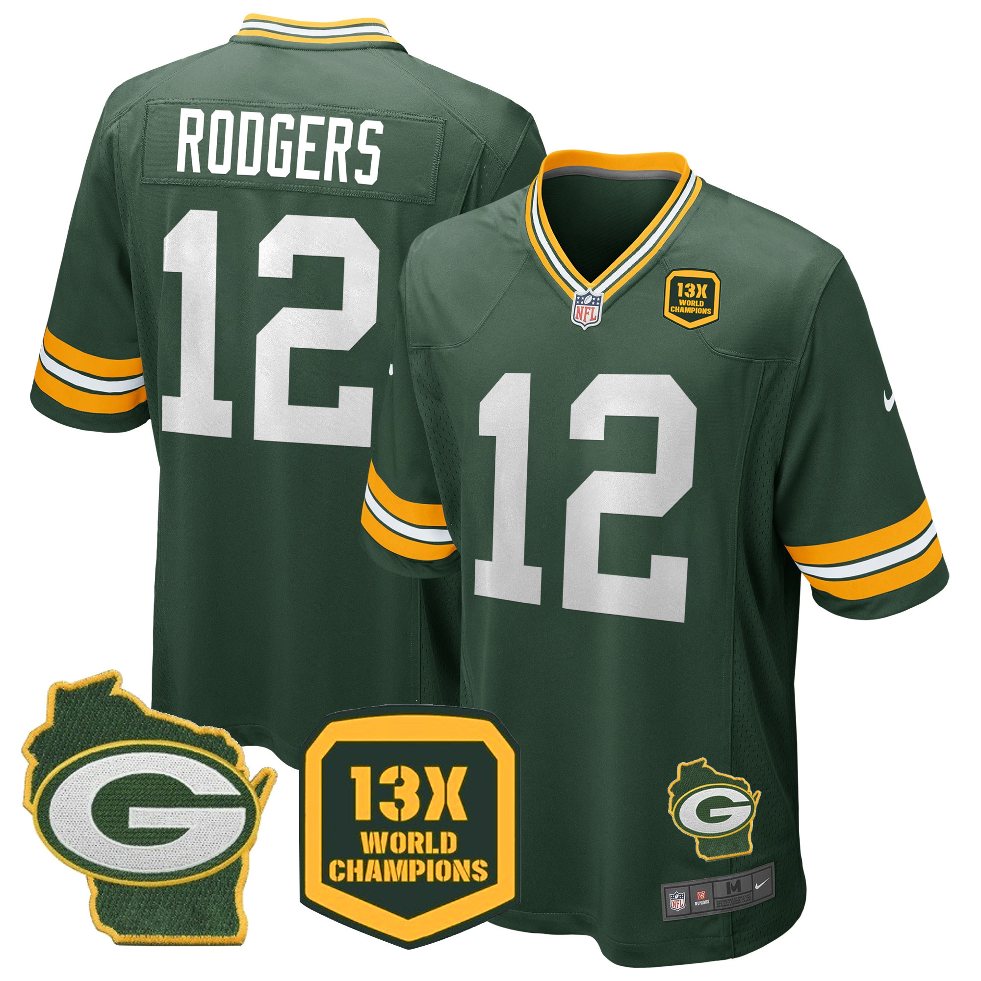 Aaron Rodgers Men's Green Bay Packers 13 Time World Champions & Home Patch Game Green Jersey - All Stitched 