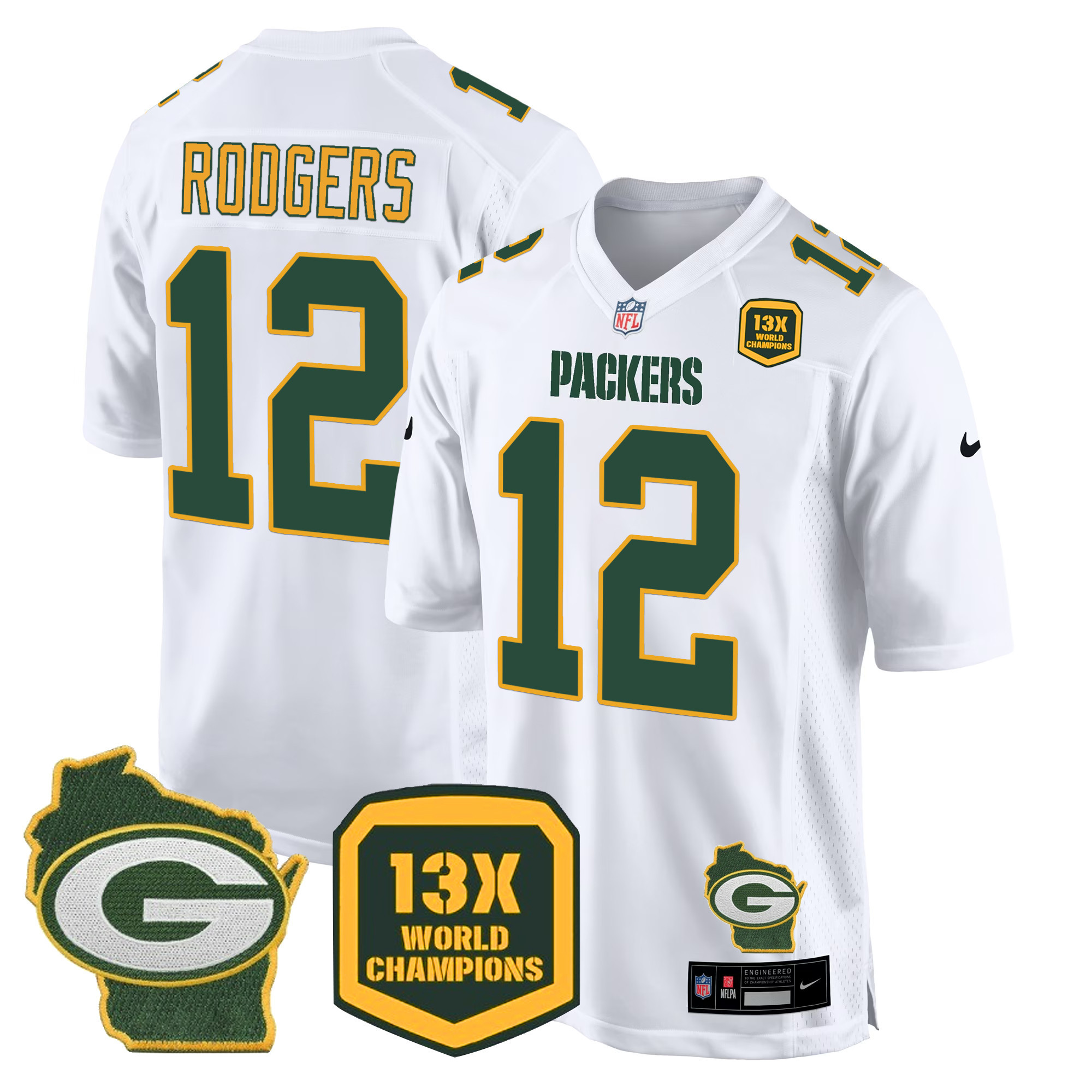 Aaron Rodgers Men's Green Bay Packers 13 Time World Champions & Home Patch Game White Jersey - All Stitched 