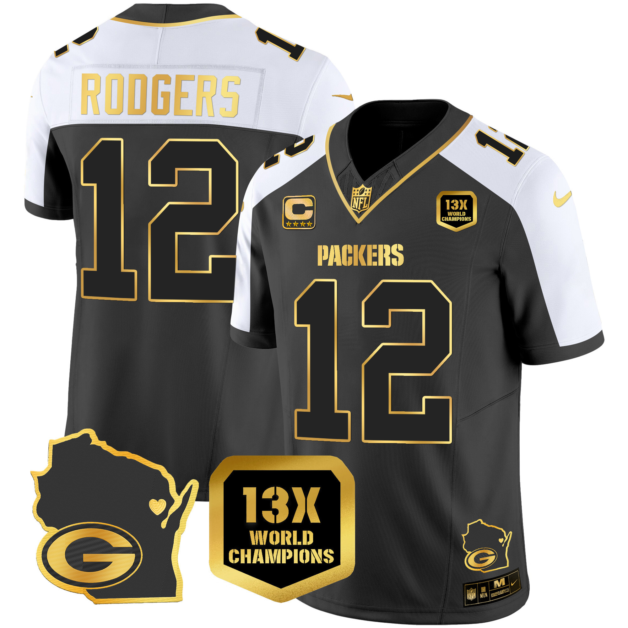 Aaron Rodgers Men's Green Bay Packers 13 Time World Champions & Home Patch Gold Vapor Alternate Jersey - All Stitched 