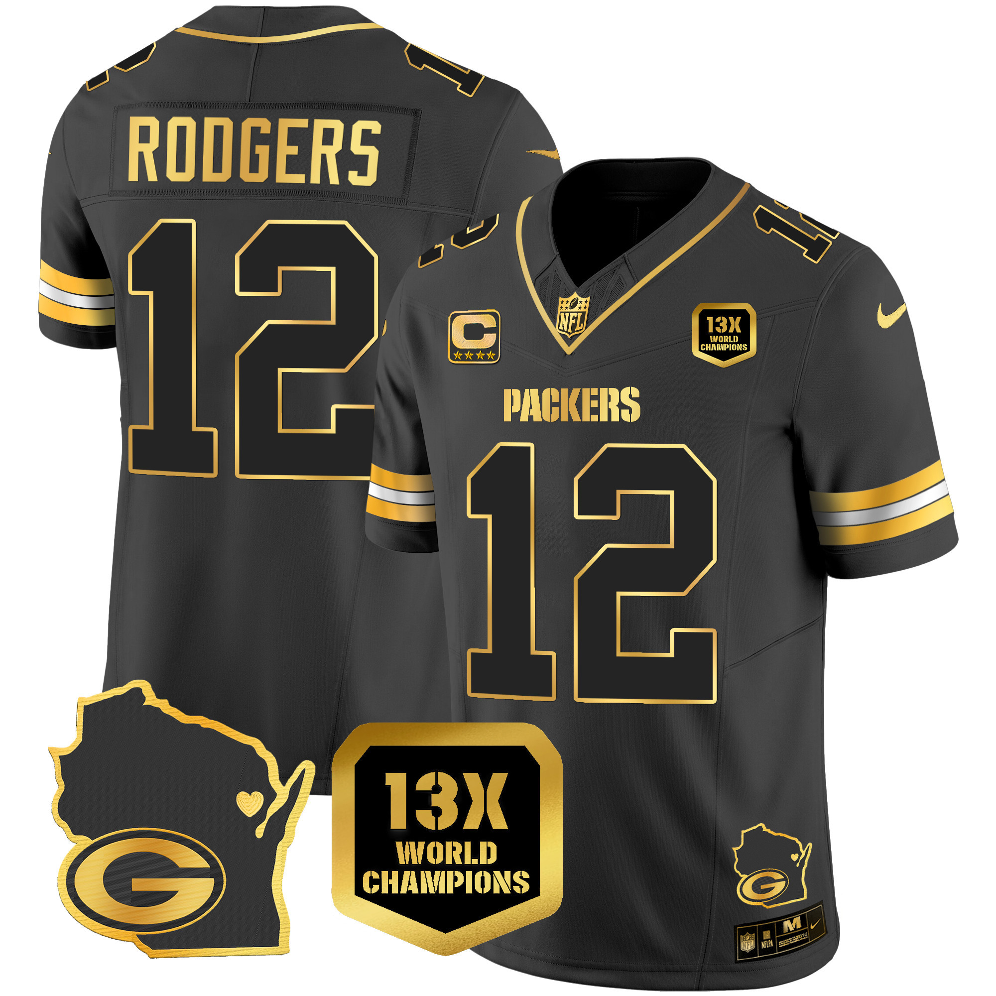 Aaron Rodgers Men's Green Bay Packers 13 Time World Champions & Home Patch Gold Vapor Black Gold Jersey - All Stitched 