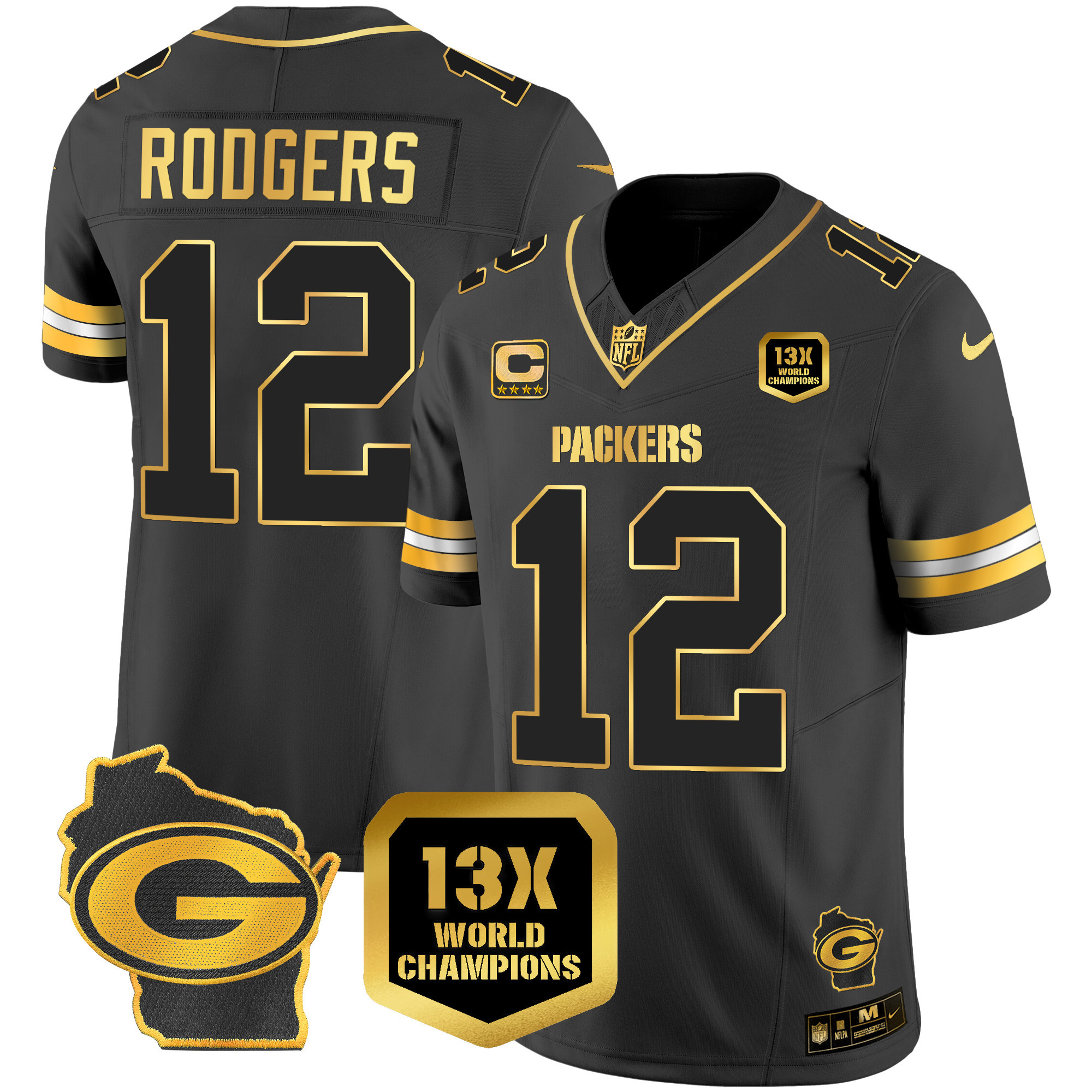 Aaron Rodgers Men's Green Bay Packers 13 Time World Champions & Home Patch Gold Vapor Black Gold Jersey - All Stitched 