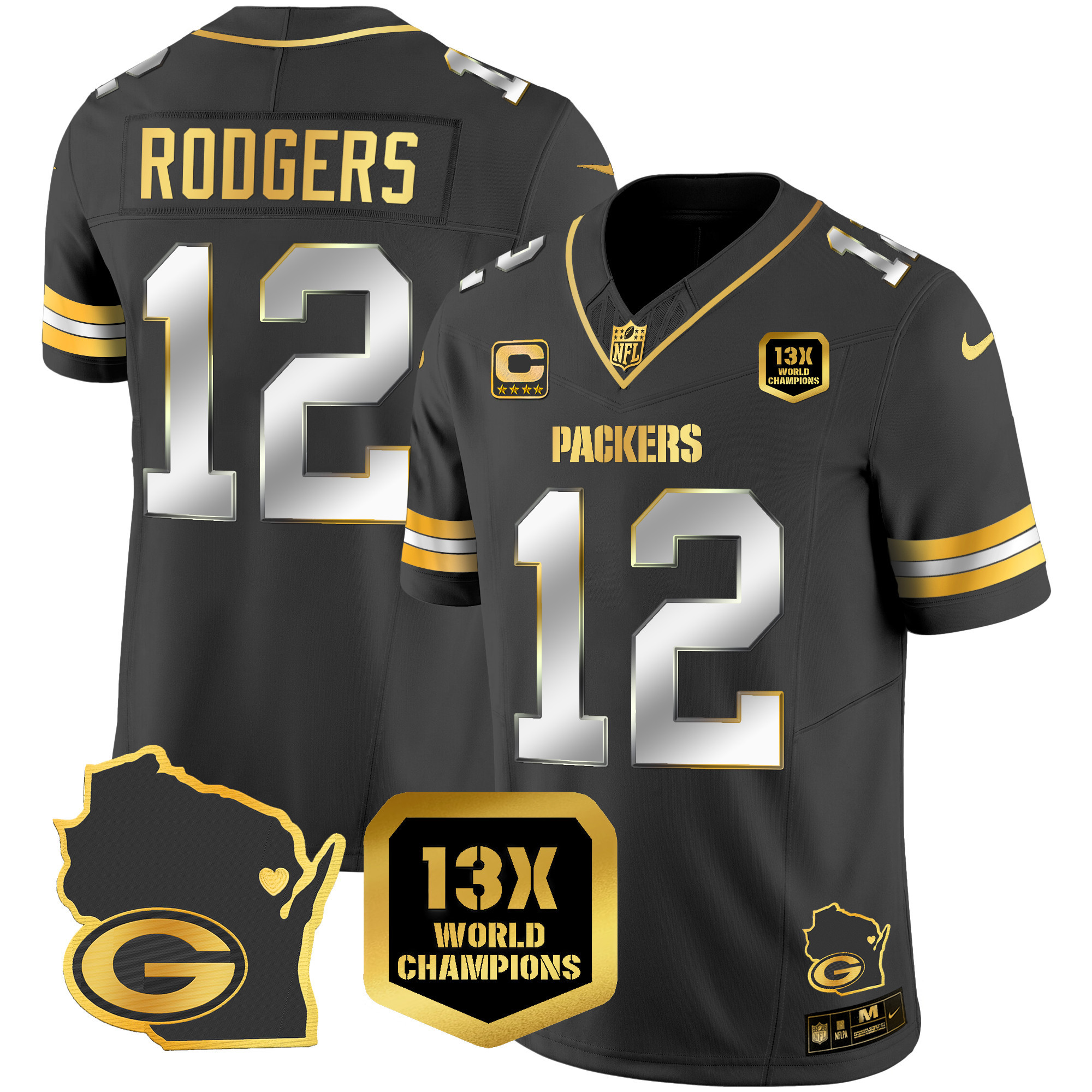 Aaron Rodgers Men's Green Bay Packers 13 Time World Champions & Home Patch Gold Vapor Black Limited Jersey - All Stitched 