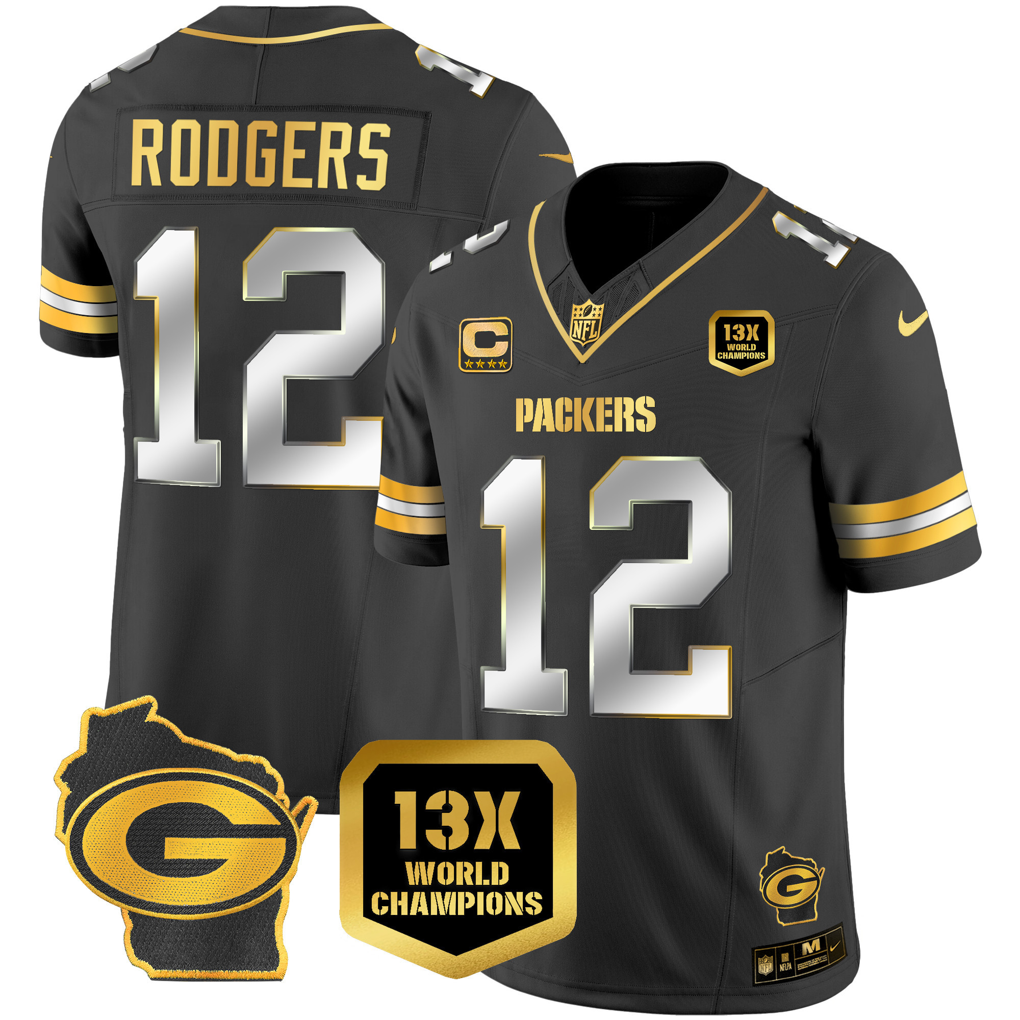 Aaron Rodgers Men's Green Bay Packers 13 Time World Champions & Home Patch Gold Vapor Black Limited Jersey - All Stitched 