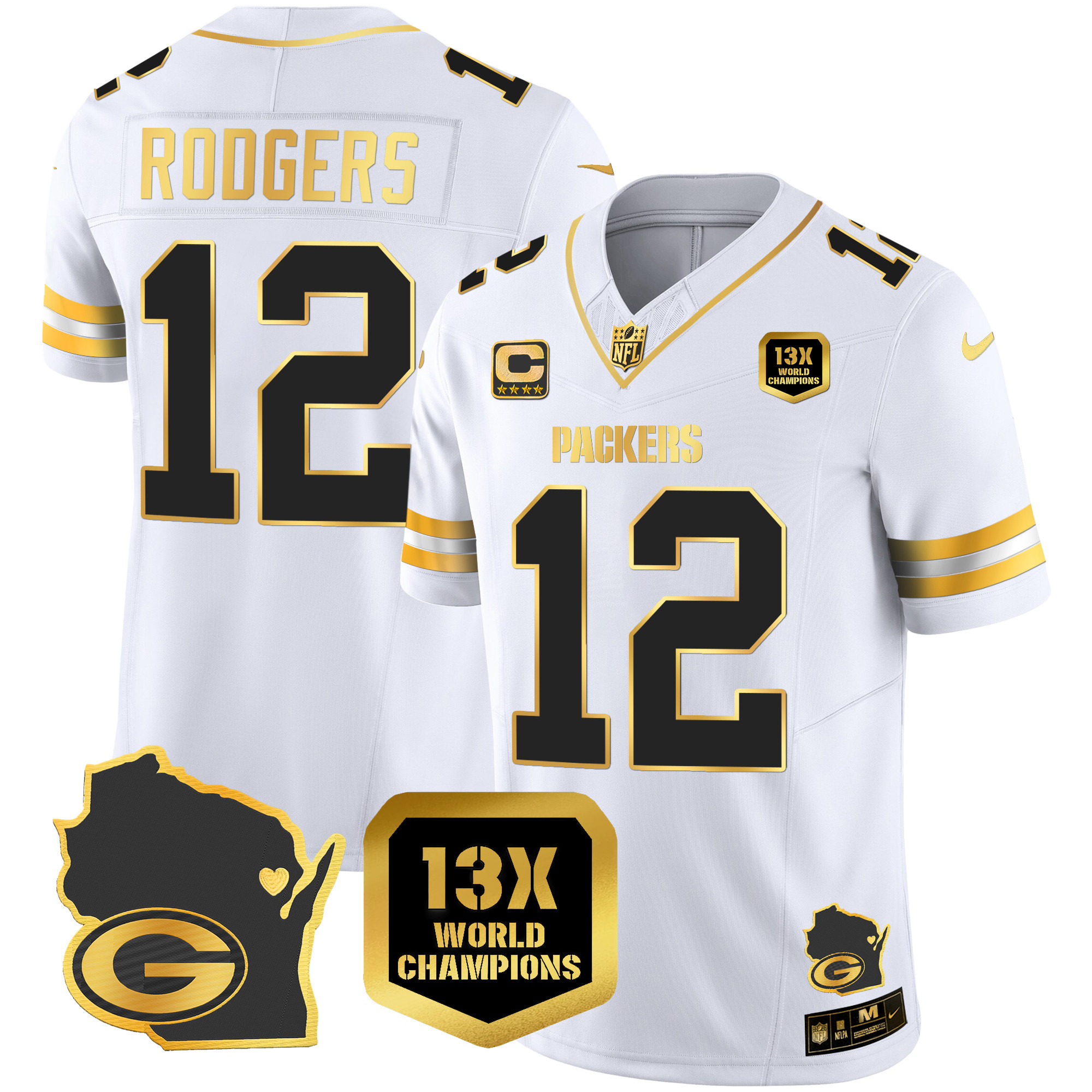 Aaron Rodgers Men's Green Bay Packers 13 Time World Champions & Home Patch Gold Vapor White Gold Jersey - All Stitched 