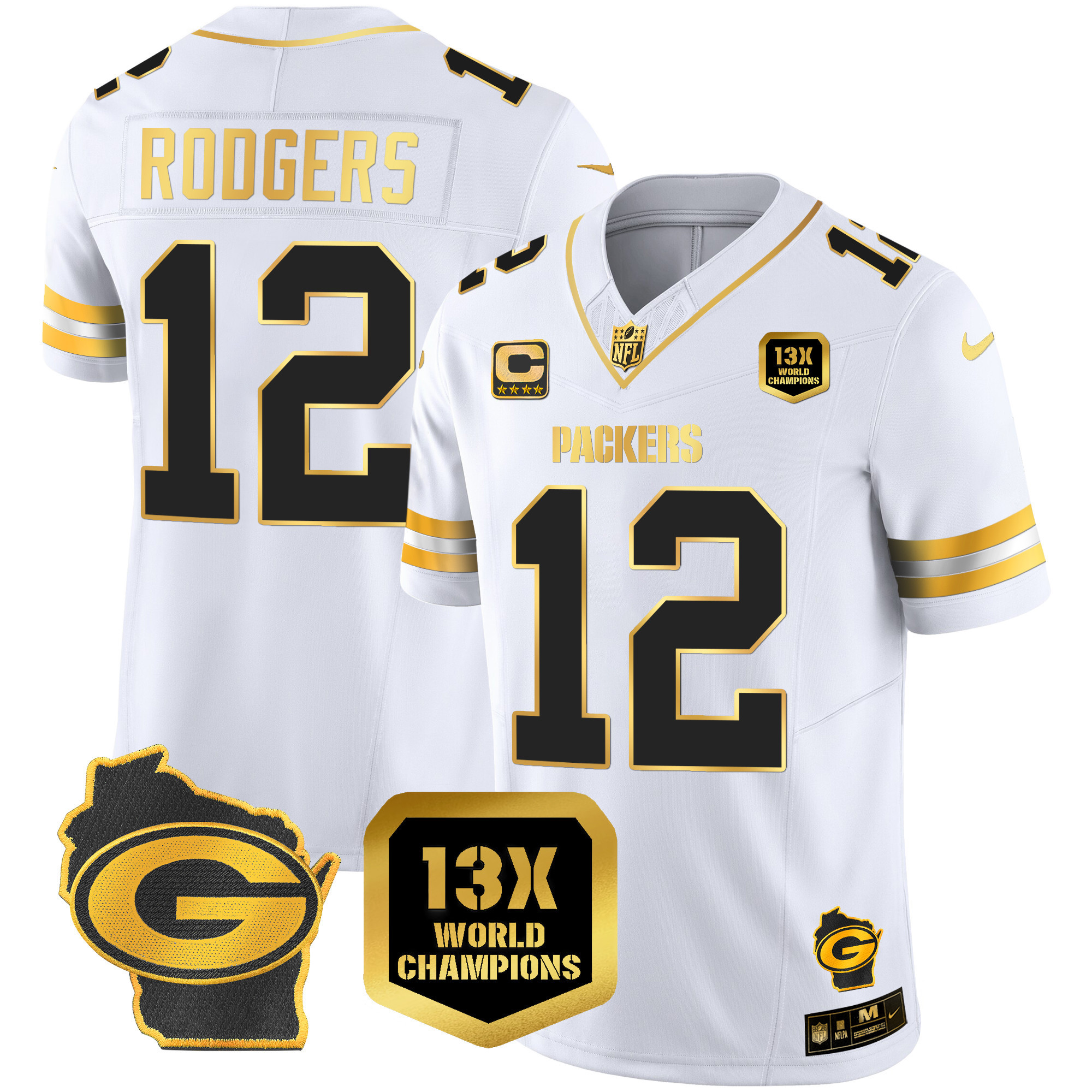 Aaron Rodgers Men's Green Bay Packers 13 Time World Champions & Home Patch Gold Vapor White Gold Jersey - All Stitched 