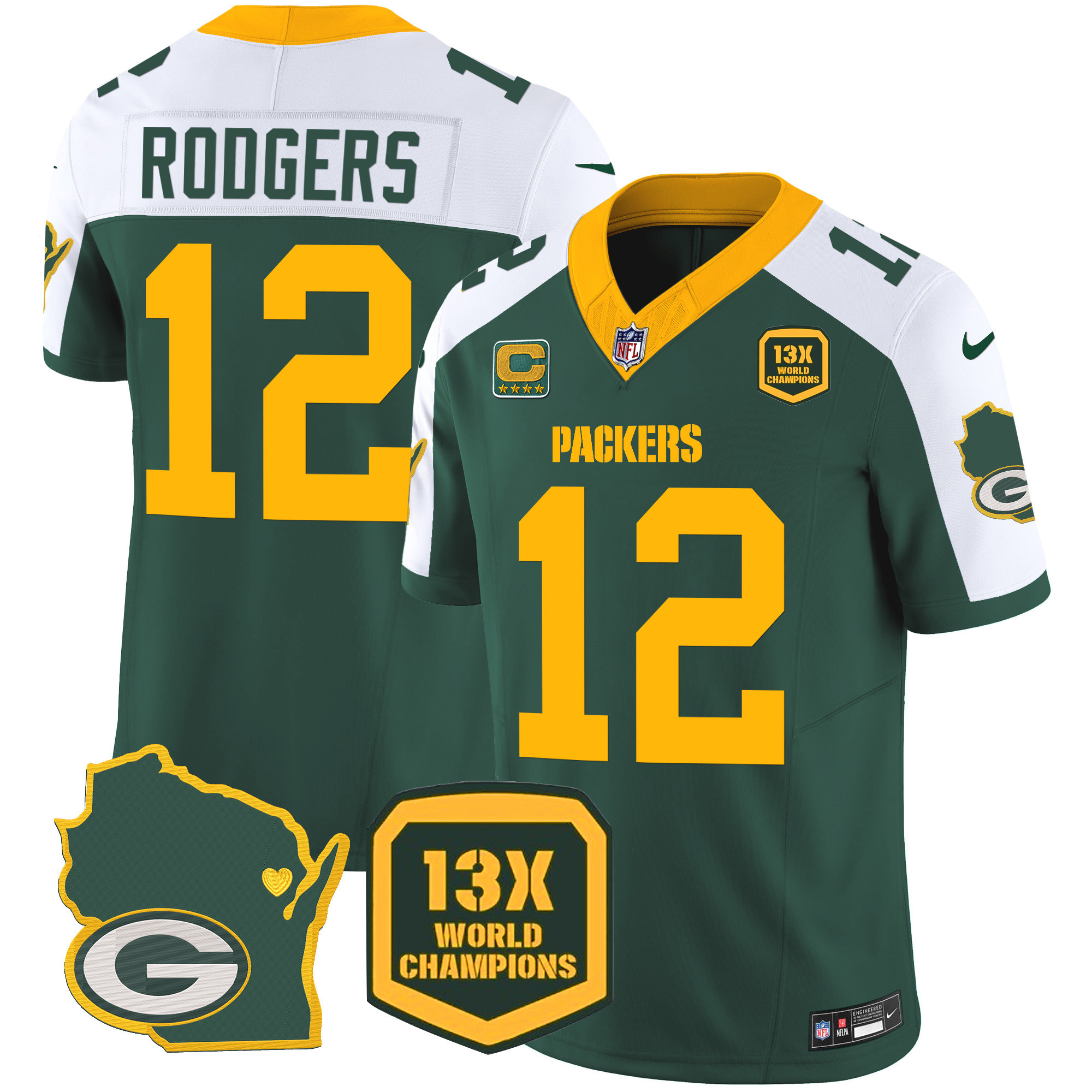 Aaron Rodgers Men's Green Bay Packers 13 Time World Champions & Home Patch Vapor Alternate Jersey - All Stitched 