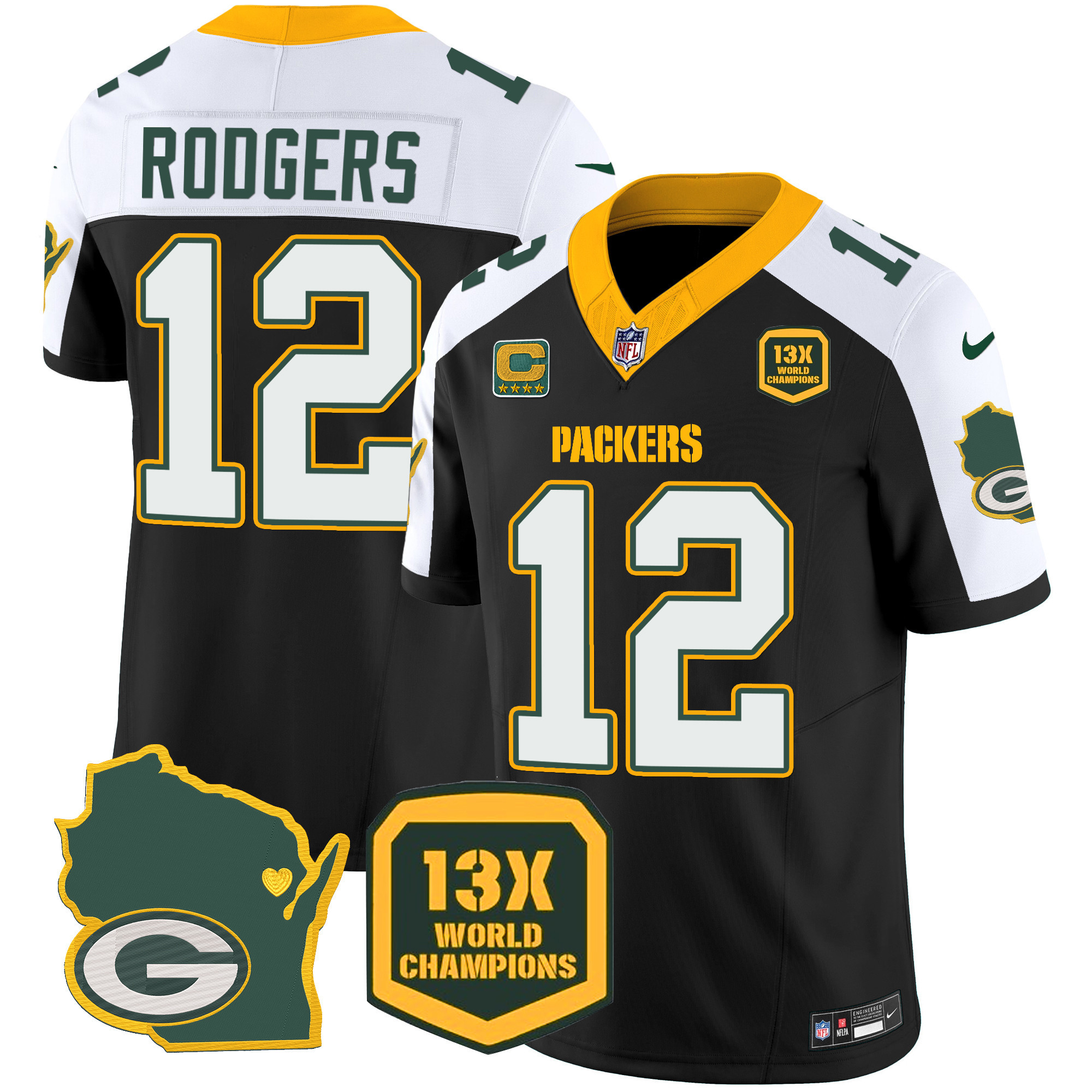 Aaron Rodgers Men's Green Bay Packers 13 Time World Champions & Home Patch Vapor Black Alternate Jersey - All Stitched 