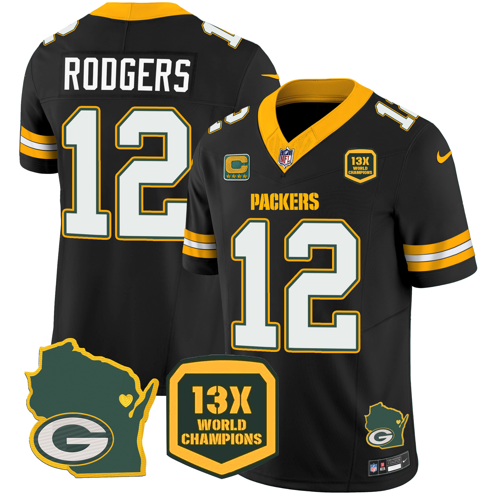 Aaron Rodgers Men's Green Bay Packers 13 Time World Champions & Home Patch Vapor Black Jersey - All Stitched 