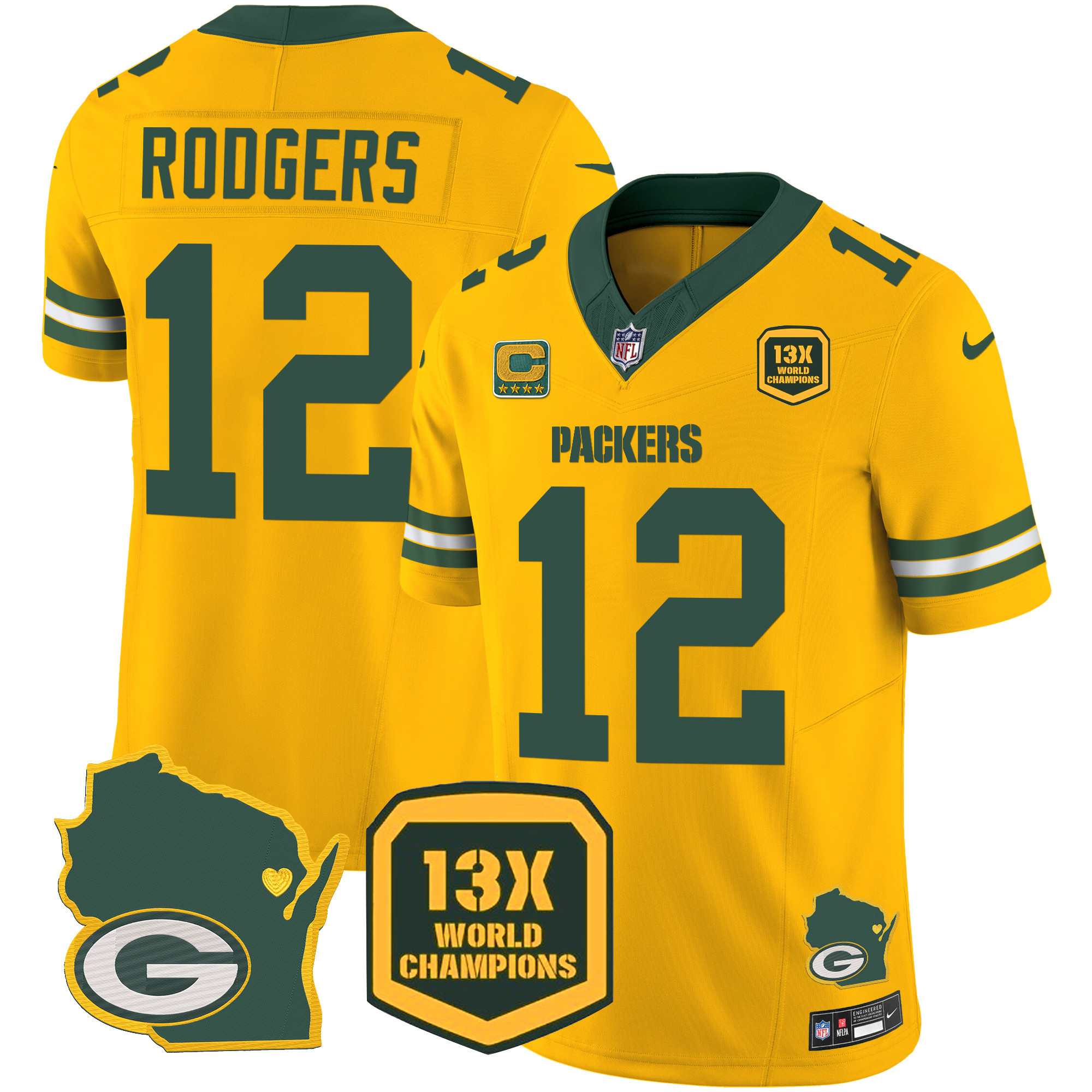 Aaron Rodgers Men's Green Bay Packers 13 Time World Champions & Home Patch Vapor Gold Jersey - All Stitched 