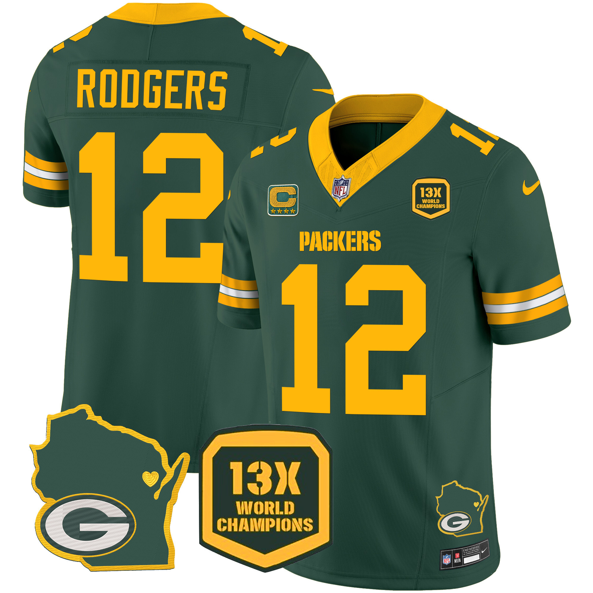 Aaron Rodgers Men's Green Bay Packers 13 Time World Champions & Home Patch Vapor Green Jersey - All Stitched 