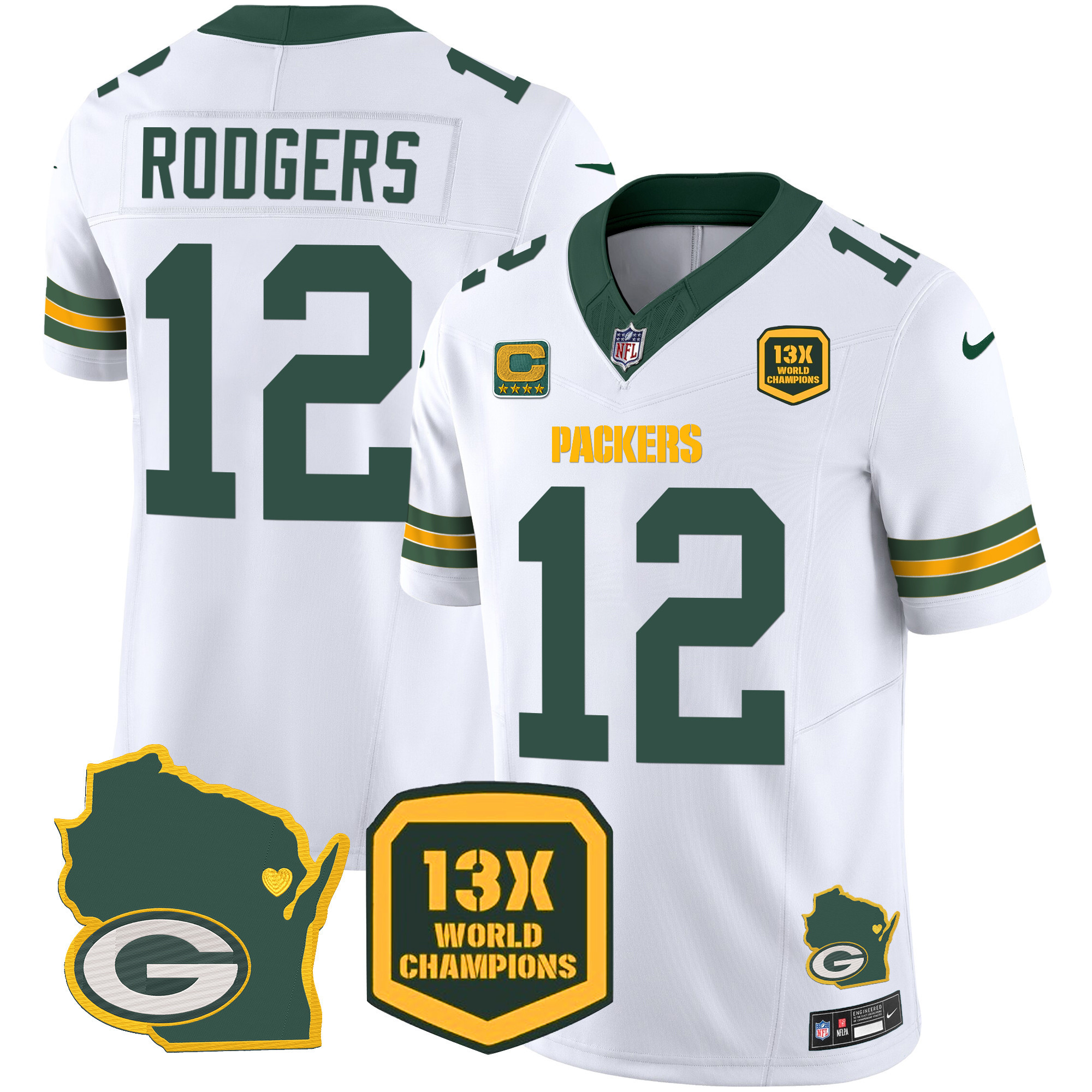 Aaron Rodgers Men's Green Bay Packers 13 Time World Champions & Home Patch Vapor White Jersey - All Stitched 